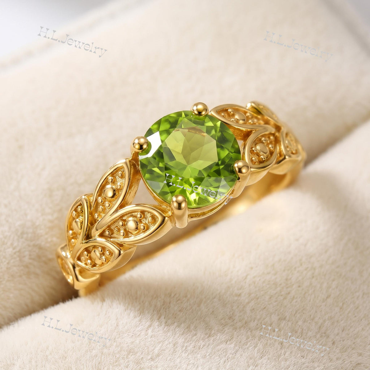 Round Peridot Gemstone Prong Set Leaves Botanical Ring - H.L.Jewelry