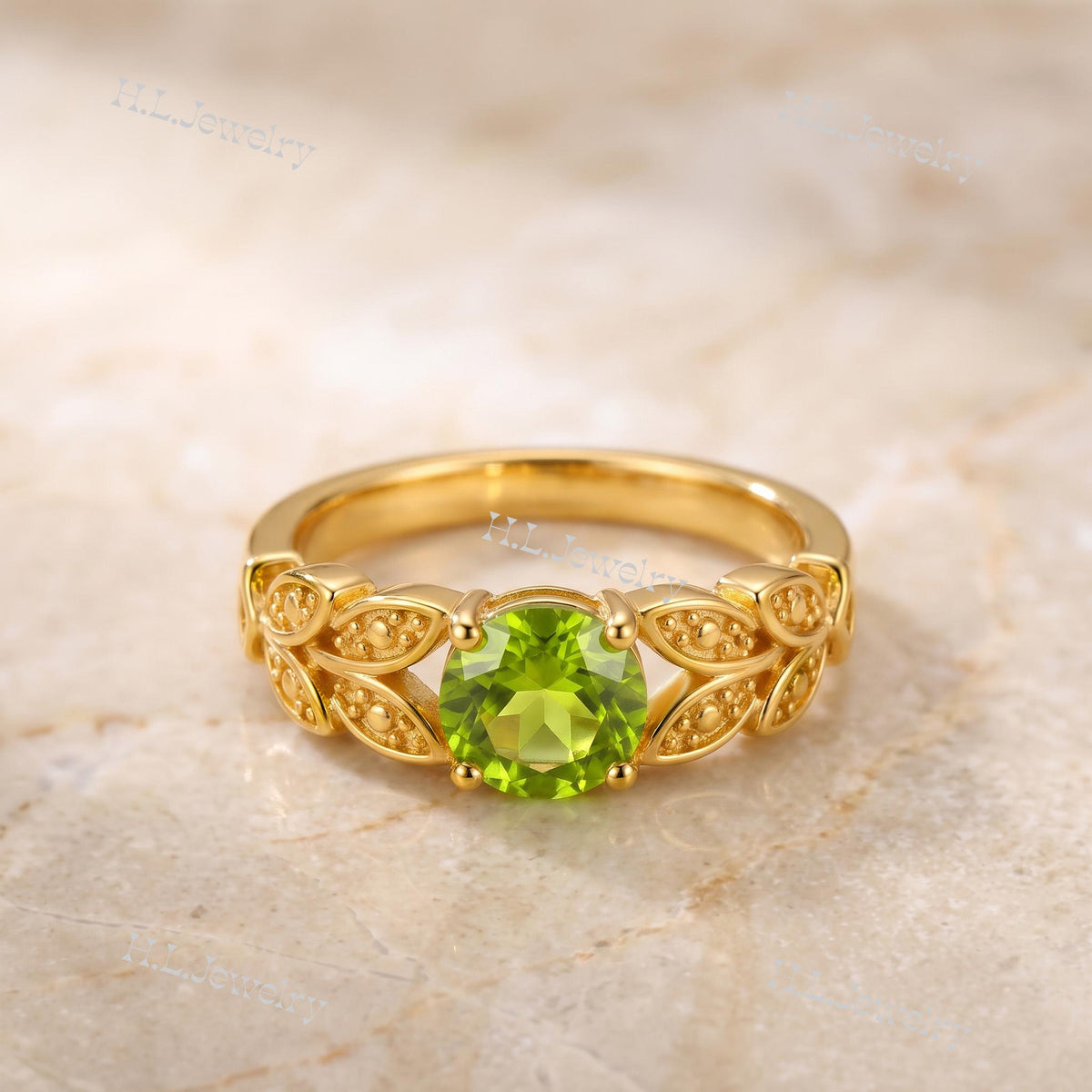 Round Peridot Gemstone Prong Set Leaves Botanical Ring - H.L.Jewelry