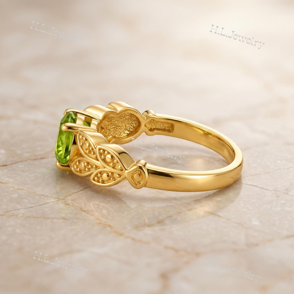 Round Peridot Gemstone Prong Set Leaves Botanical Ring - H.L.Jewelry