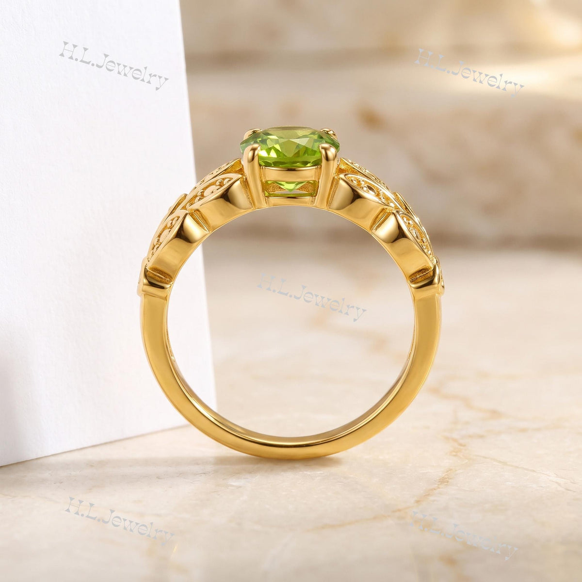 Round Peridot Gemstone Prong Set Leaves Botanical Ring - H.L.Jewelry