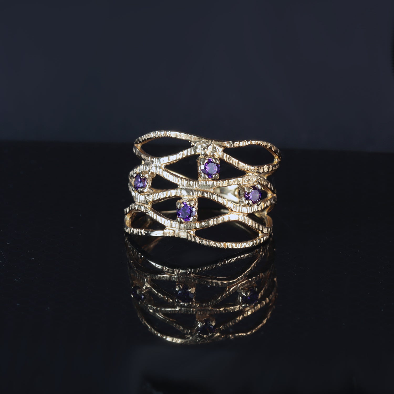 Round Purple Amethyst Four Stone Hammered Band Ring - H.L.Jewelry