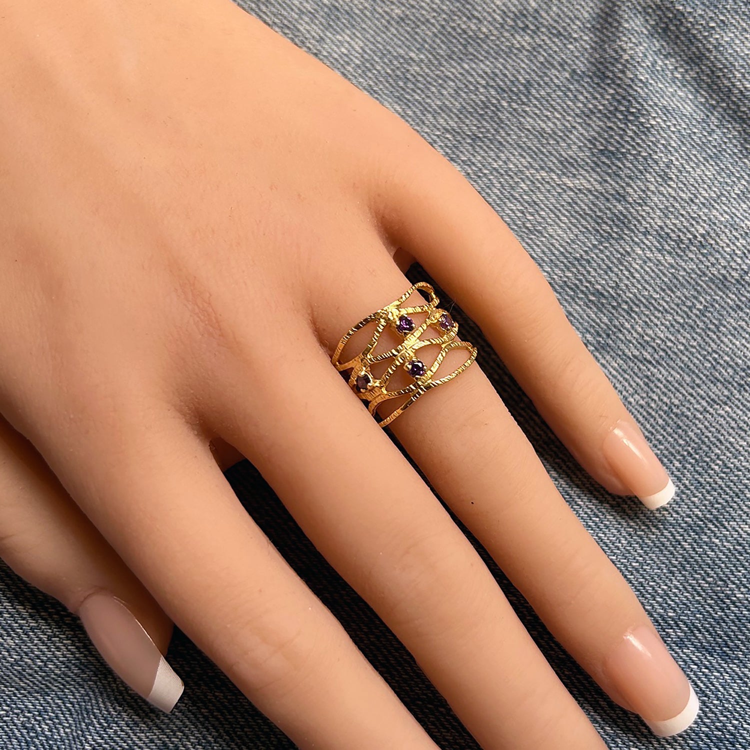 Round Purple Amethyst Four Stone Hammered Band Ring - H.L.Jewelry