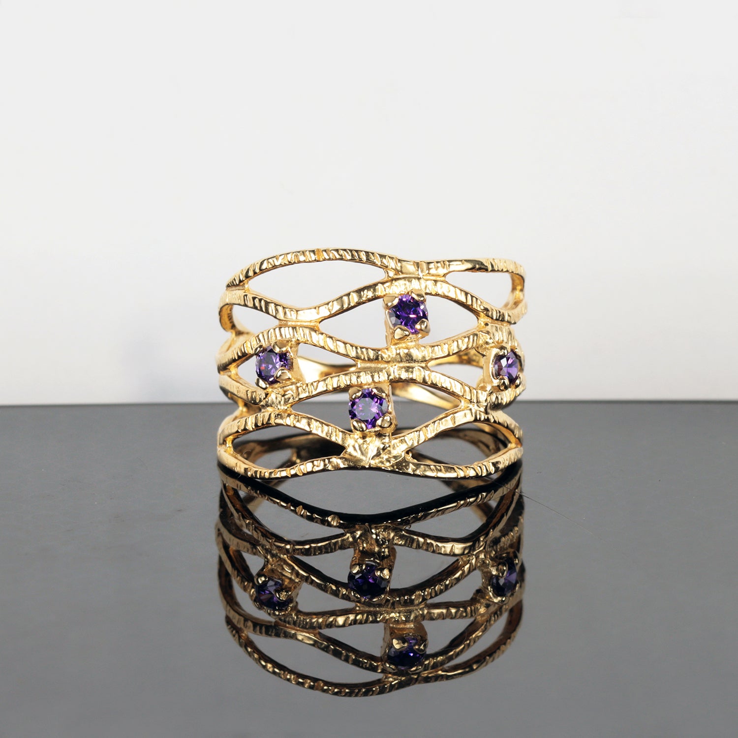 Round Purple Amethyst Four Stone Hammered Band Ring - H.L.Jewelry
