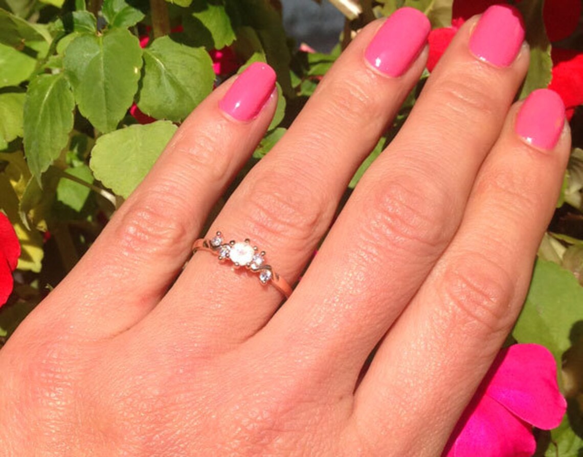 Round Rainbow Moonstone Delicate Ring with Clear Quartz Accents - H.L.Jewelry