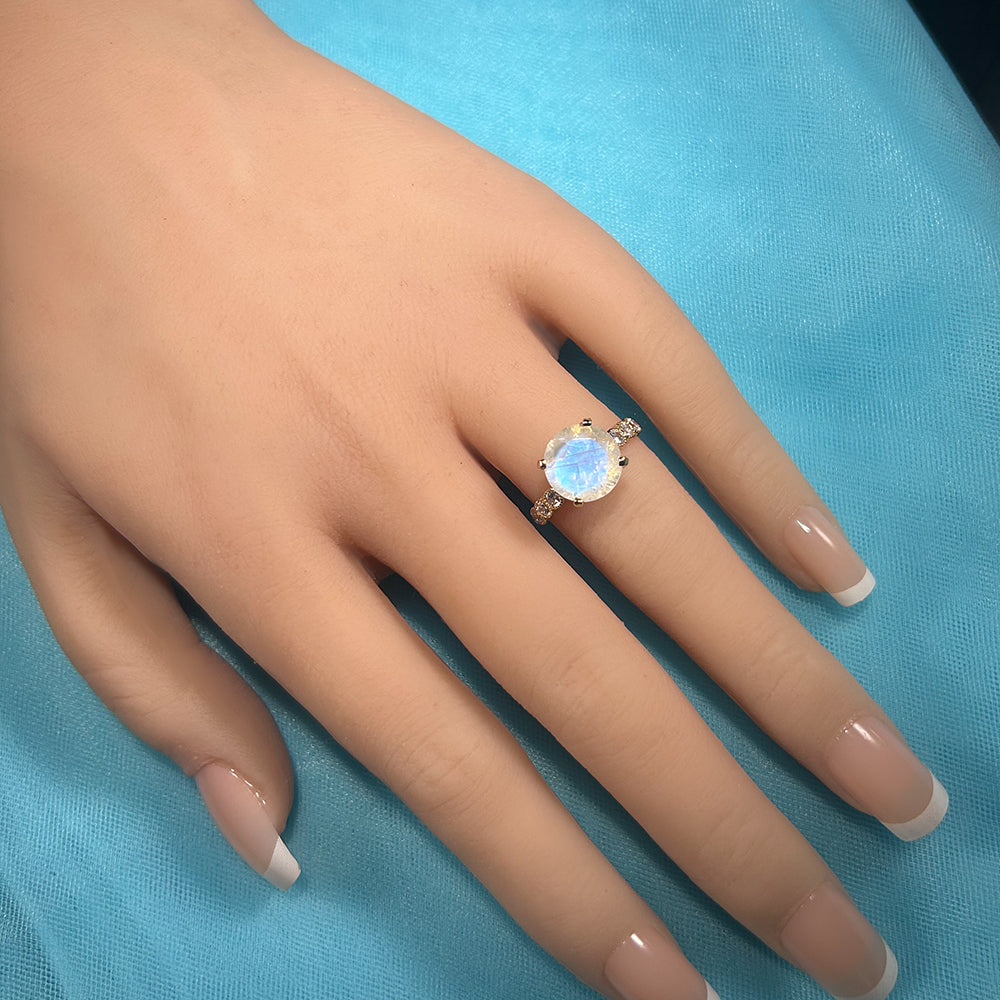Round Rainbow Moonstone Engagement Ring with Clear Quartz Accents - H.L.Jewelry