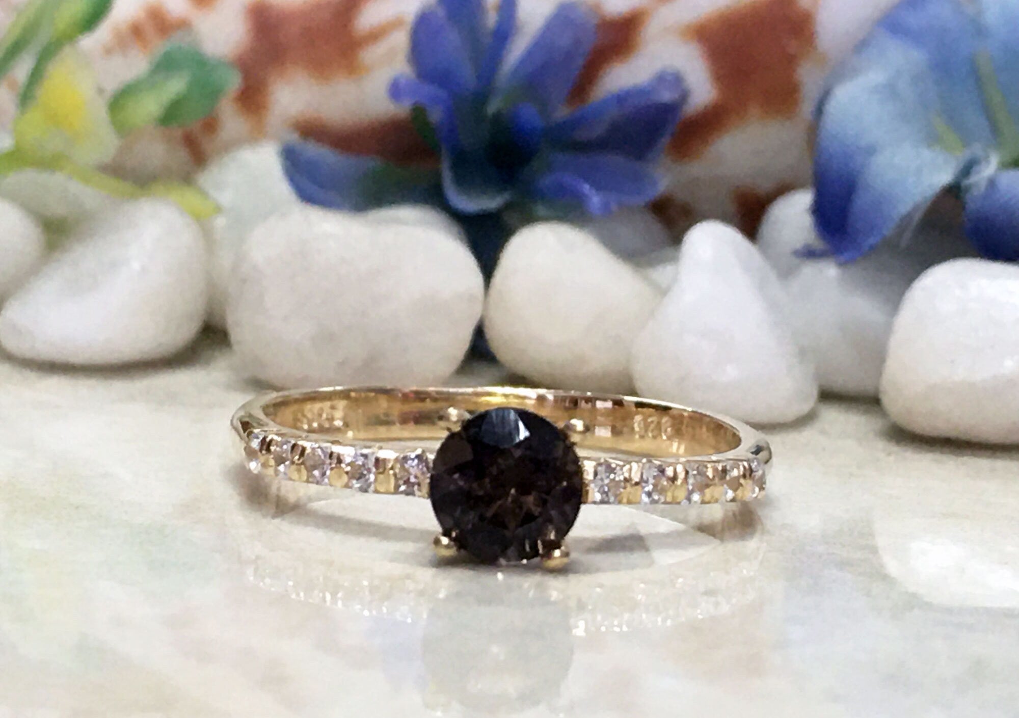 Round Smoky Quartz Delicate Ring with Clear Quartz Accents - H.L.Jewelry