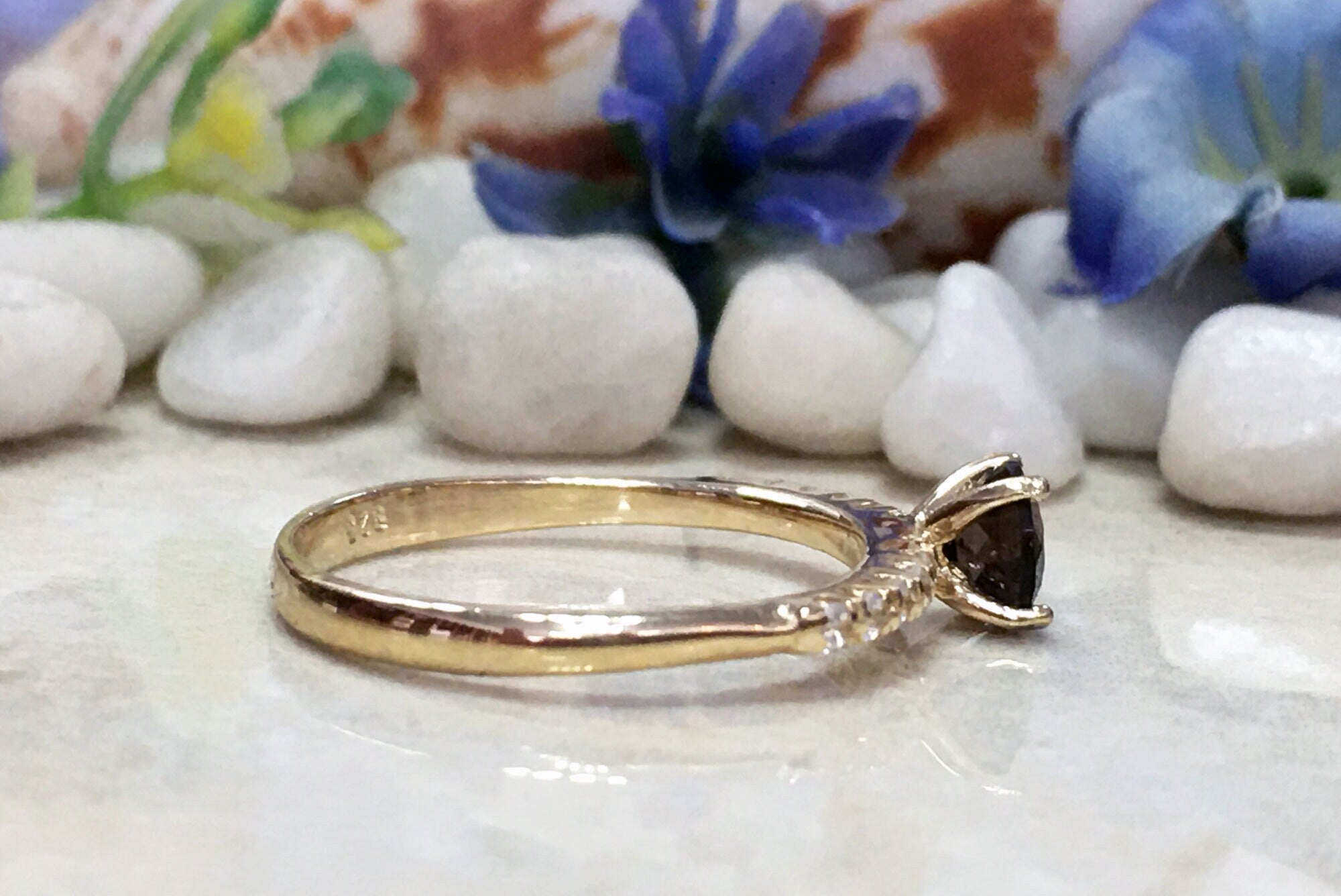 Round Smoky Quartz Delicate Ring with Clear Quartz Accents - H.L.Jewelry
