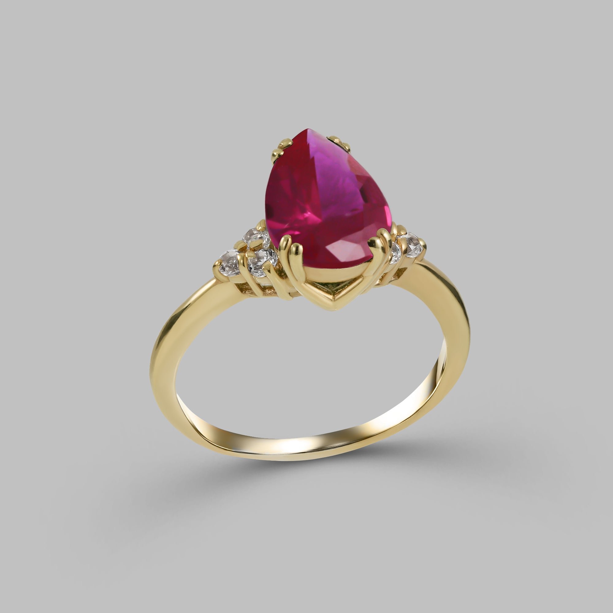 Ruby Ring - July Birthstone - Pear-Shaped Ruby Gemstone Statement Engagement Ring with Clear Quartz Accents - H.L.Jewelry