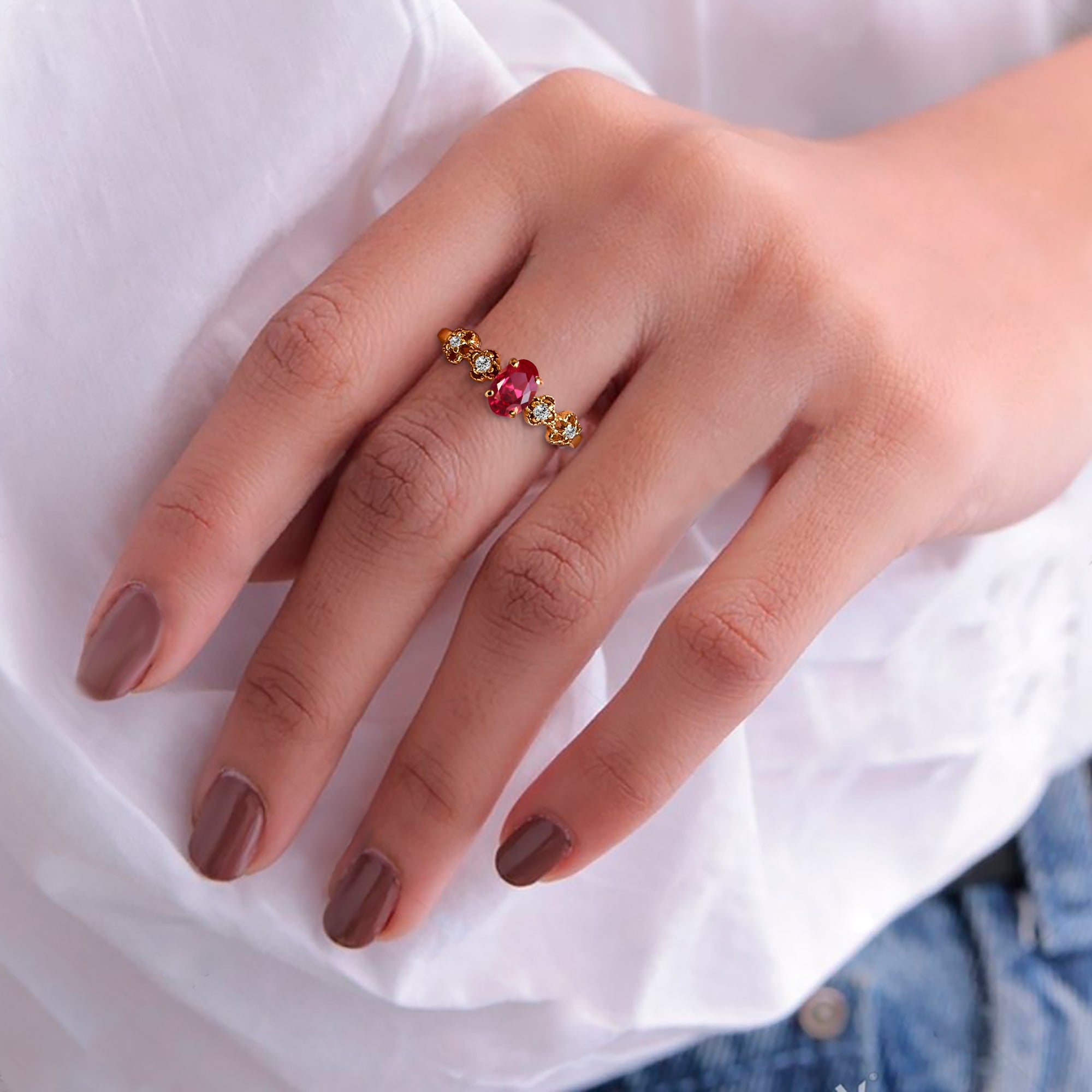 Ruby Ring - July Birthstone - Oval Ruby Gemstone Flower Setting Delicate Ring with Clear Quartz Accents - H.L.Jewelry