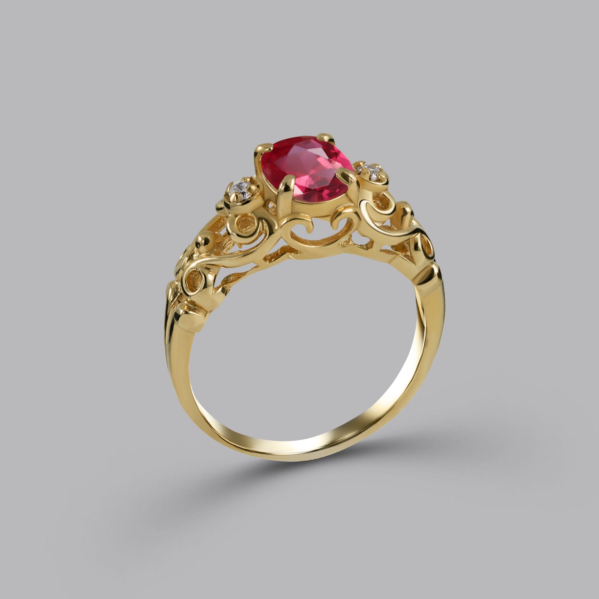 Ruby Ring - July Birthstone - Oval Ruby Gemstone Lace Ring with Clear Quartz Accents - H.L.Jewelry