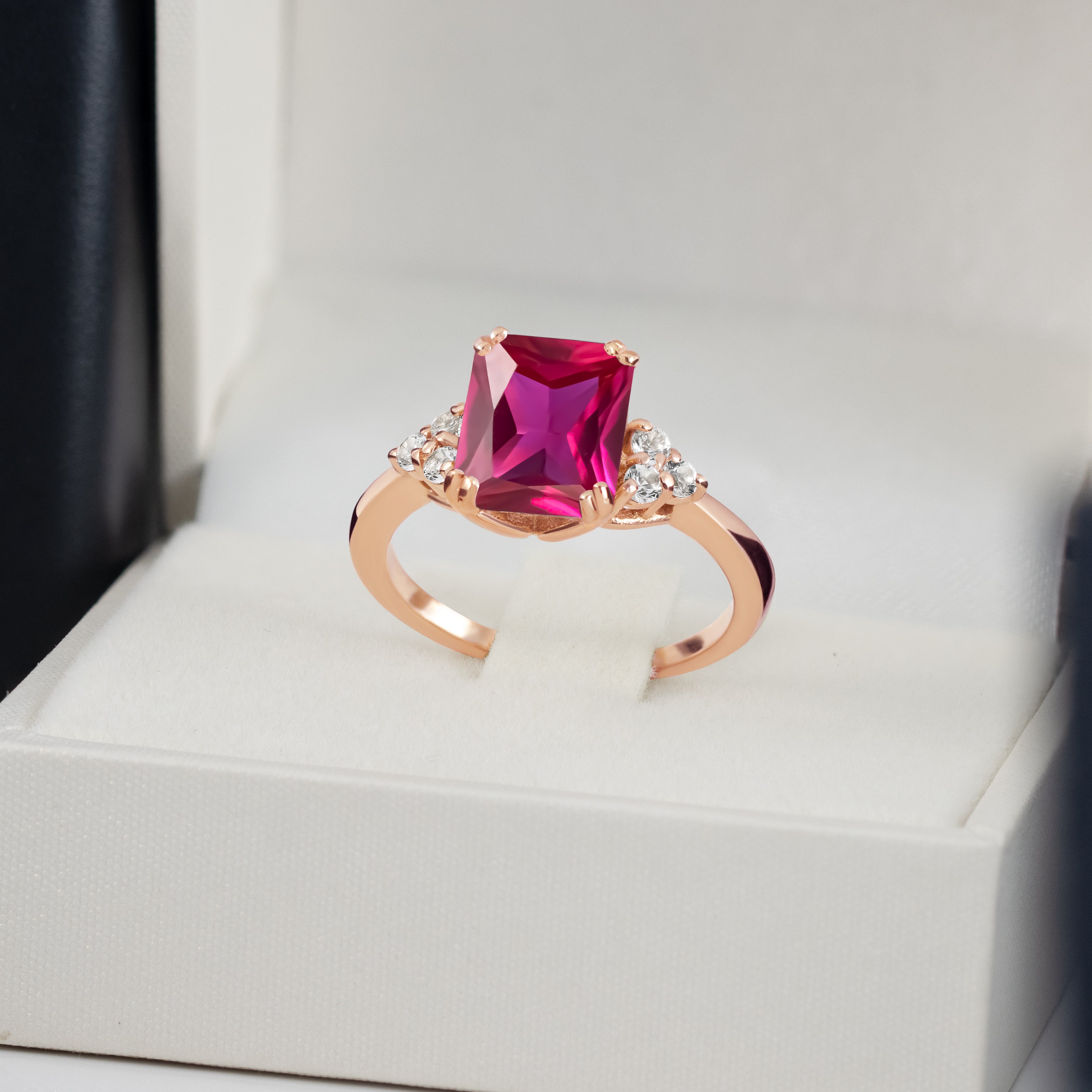 Ruby Ring - July Birthstone - Octagon Ruby Gemstone Statement Engagement Ring with Clear Quartz Accents - H.L.Jewelry