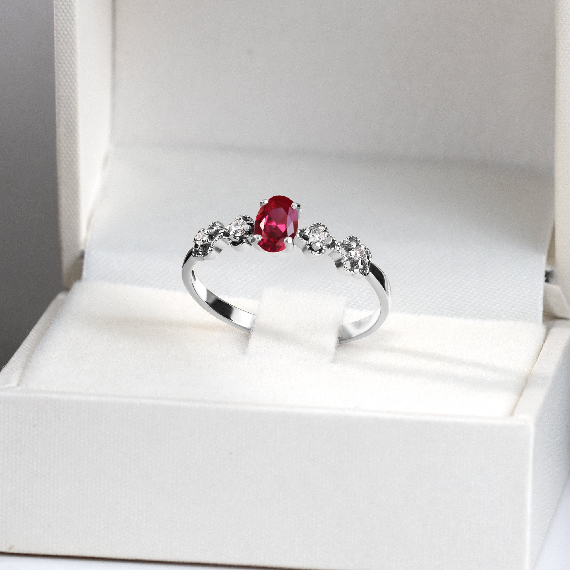 Ruby Ring - July Birthstone - Oval Ruby Gemstone Flower Setting Delicate Ring with Clear Quartz Accents - H.L.Jewelry