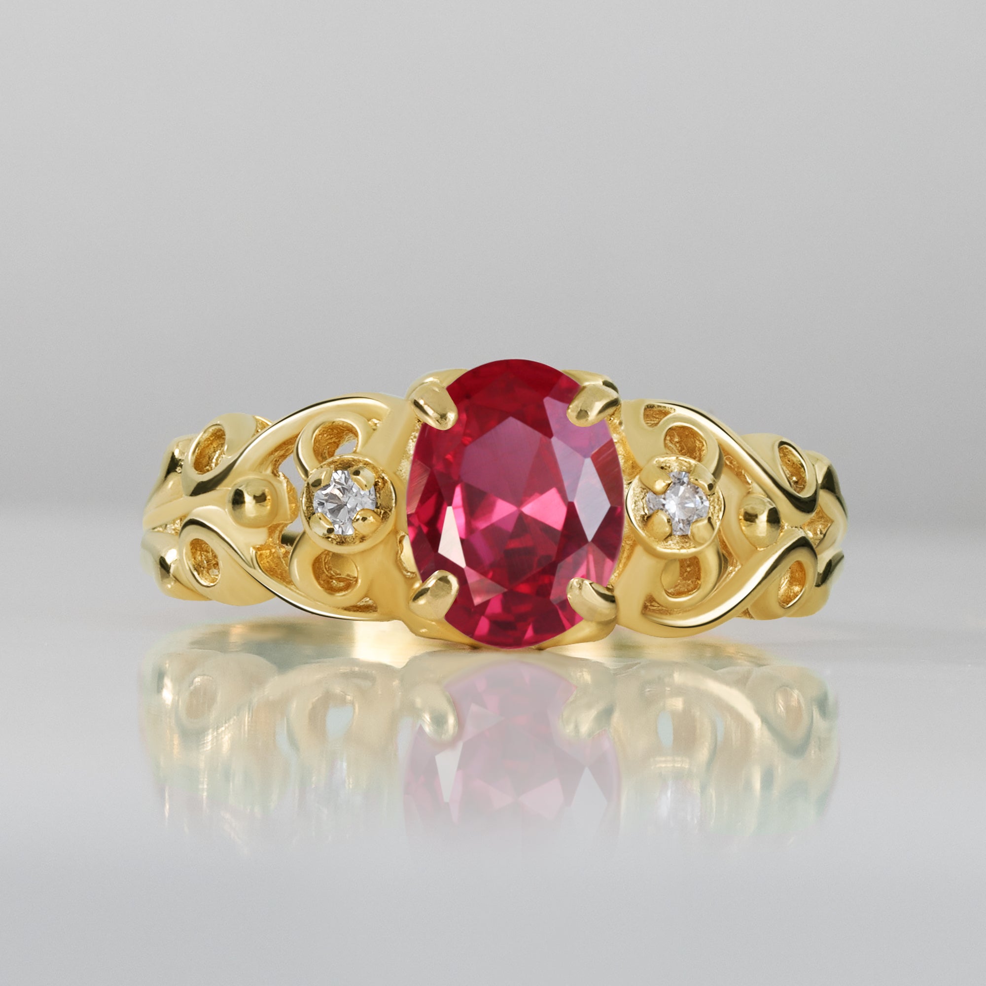 Ruby Ring - July Birthstone - Oval Ruby Gemstone Lace Ring with Clear Quartz Accents - H.L.Jewelry