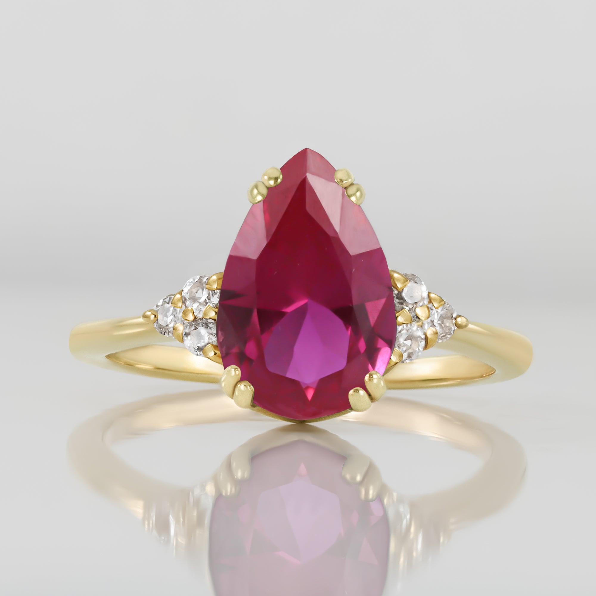 Ruby Ring - July Birthstone - Pear-Shaped Ruby Gemstone Statement Engagement Ring with Clear Quartz Accents - H.L.Jewelry