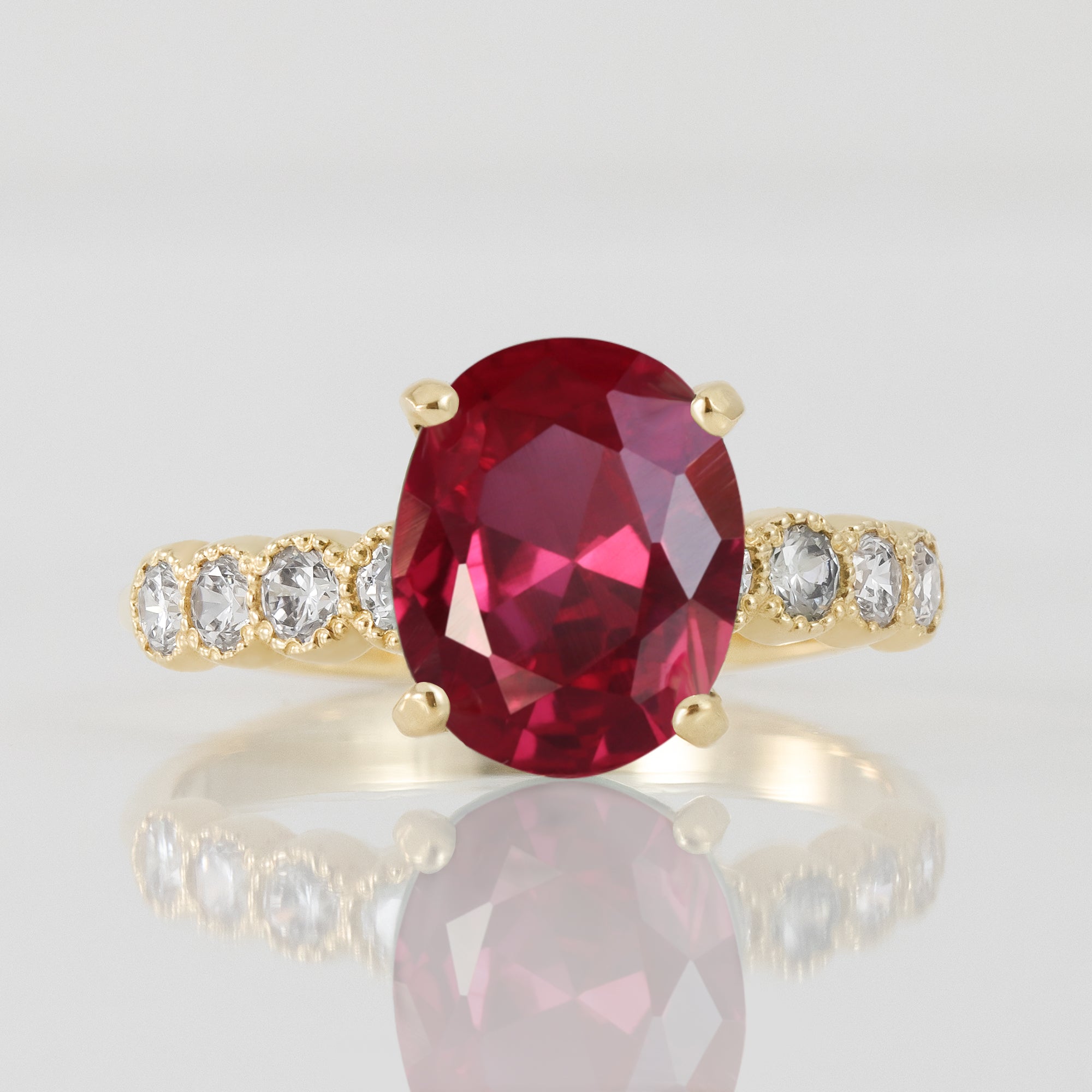 Ruby Ring - July Birthstone - Oval Ruby Gemstone Statement Engagement Ring with Clear Quartz Accents - H.L.Jewelry