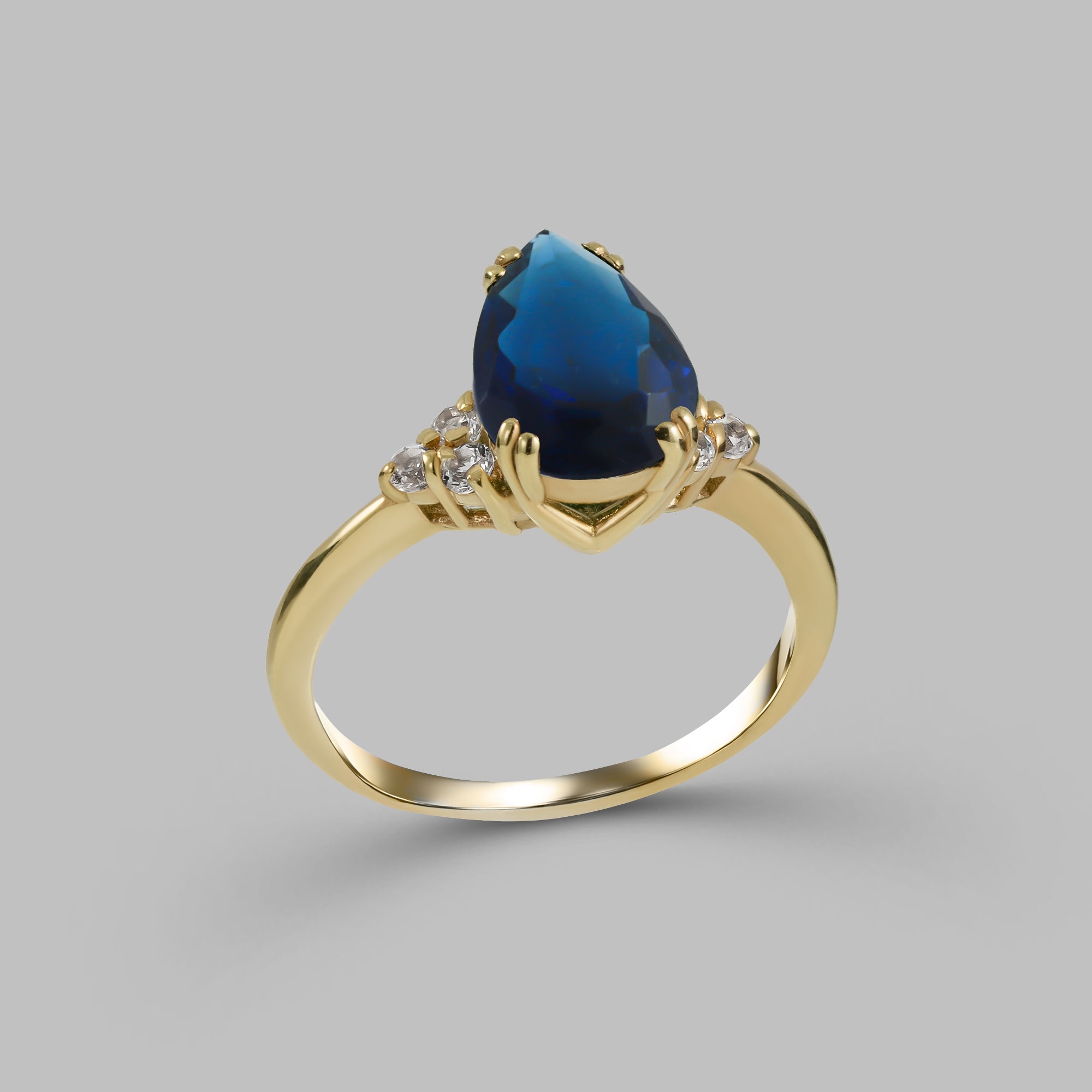 Blue Sapphire Ring - September Birthstone - Pear-Shaped Blue Sapphire Gemstone Statement Engagement Ring with Clear Quartz Accents - H.L.Jewelry