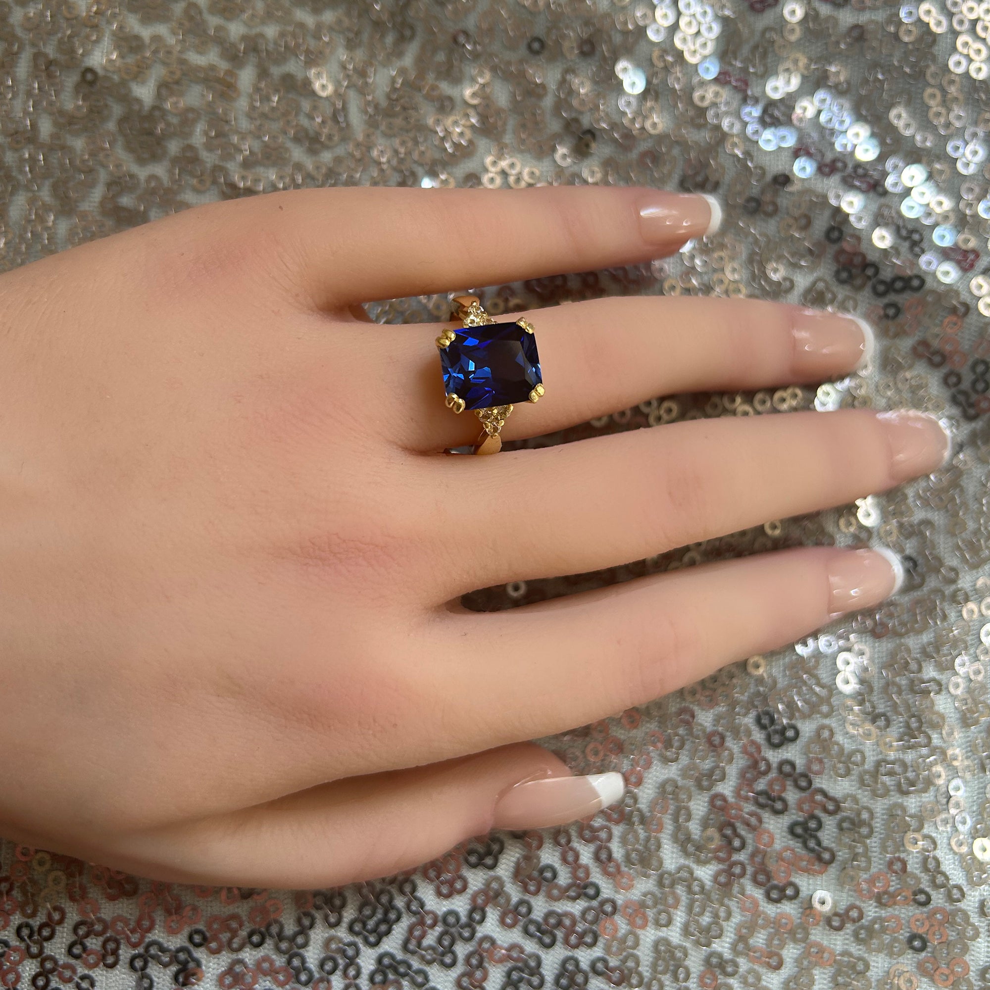 Blue Sapphire Ring - September Birthstone - Statement Engagement Ring with Octagon Blue Sapphire and Clear Quartz Accents - H.L.Jewelry