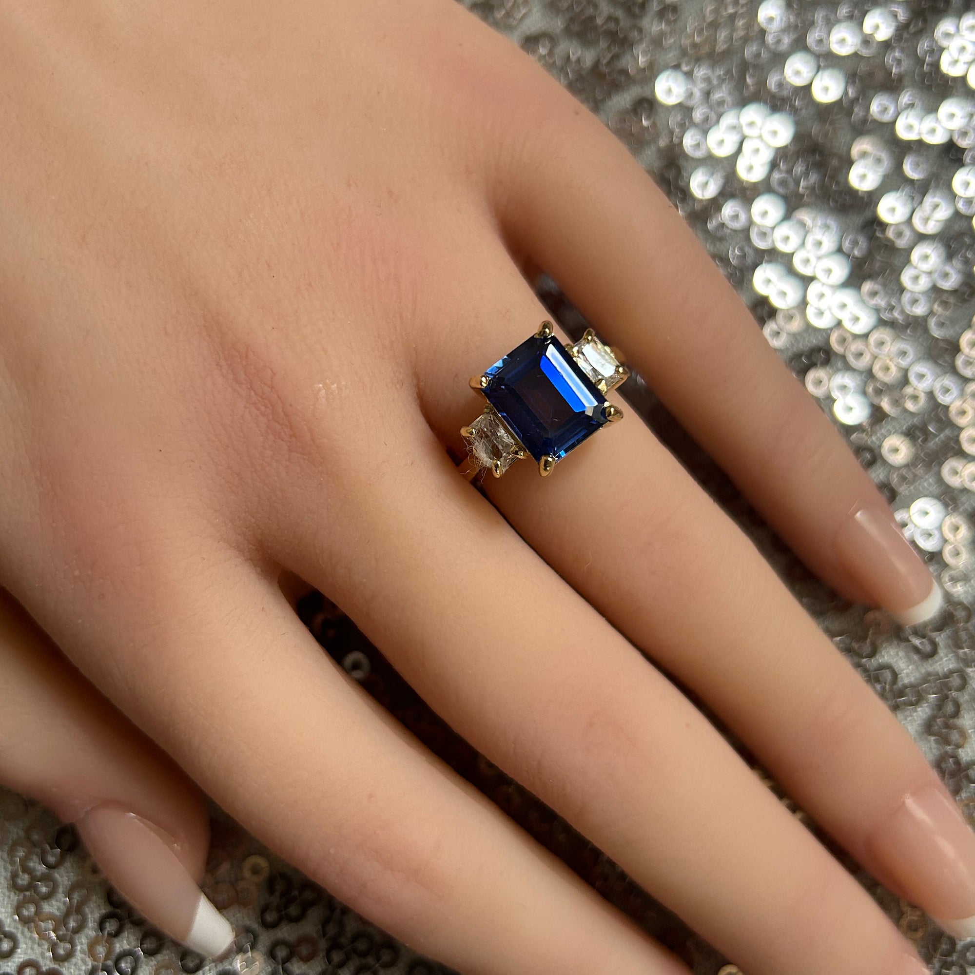 Blue Sapphire Ring - September Birthstone - Statement Engagement Ring with Octagon Blue Sapphire and Clear Quartz Accents - H.L.Jewelry