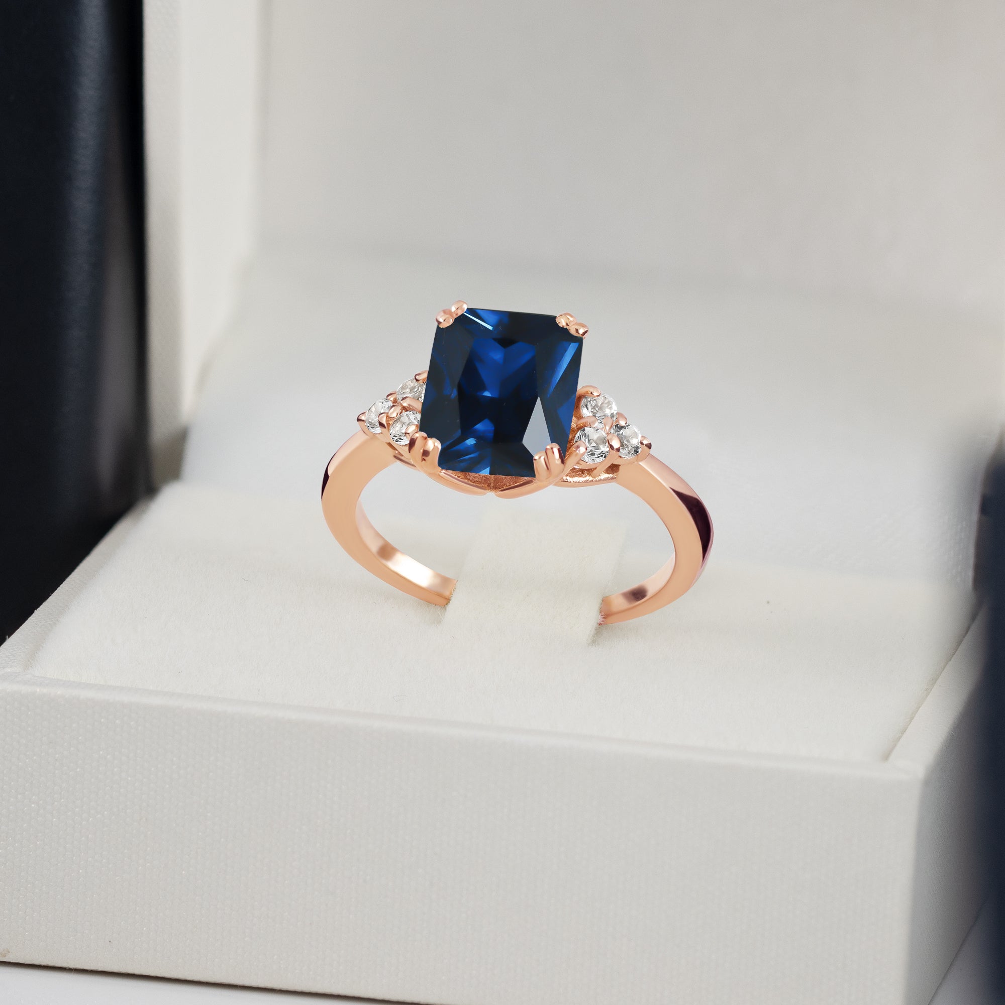 Blue Sapphire Ring - September Birthstone - Octagon Blue Sapphire Gemstone Statement Engagement Ring with Quartz Accents - H.L.Jewelry