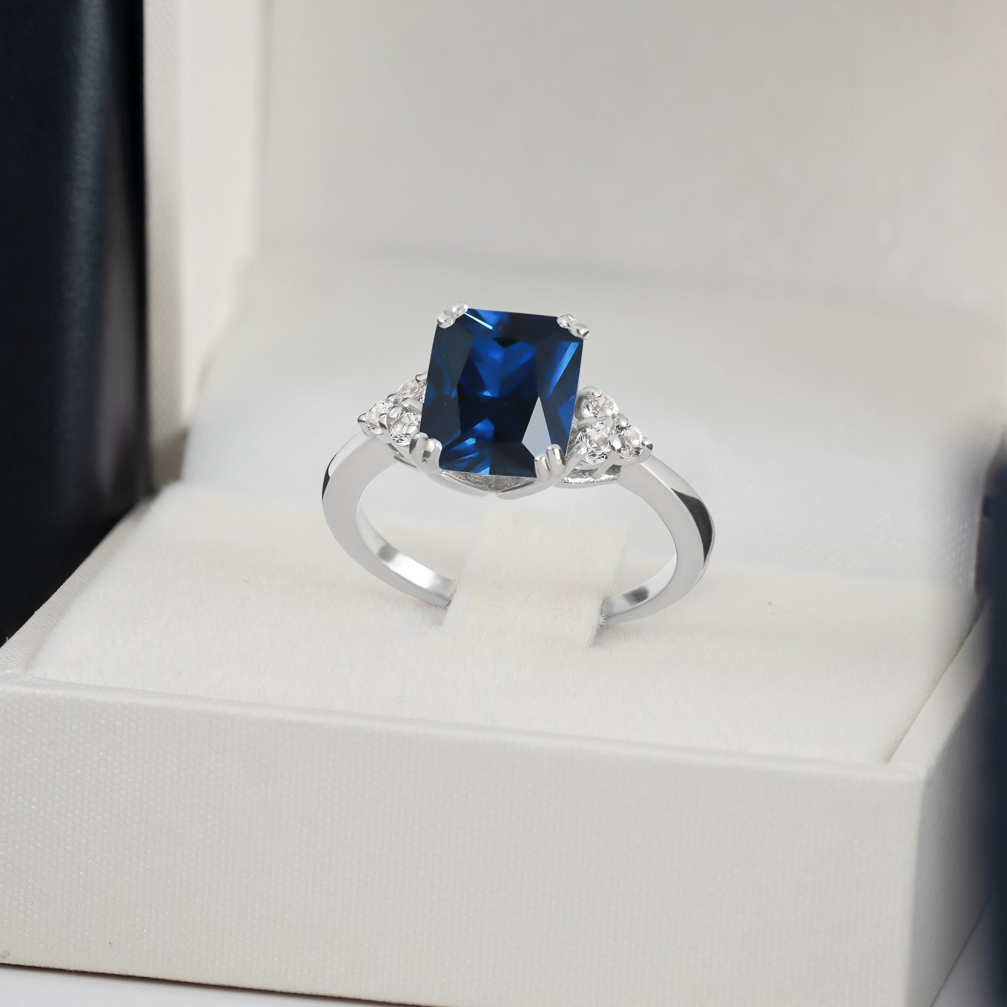 Blue Sapphire Ring - September Birthstone - Octagon Blue Sapphire Gemstone Statement Engagement Ring with Quartz Accents - H.L.Jewelry