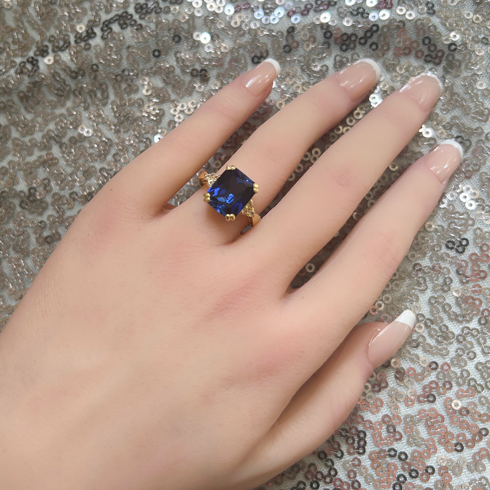 Blue Sapphire Ring - September Birthstone - Statement Engagement Ring with Octagon Blue Sapphire and Clear Quartz Accents - H.L.Jewelry