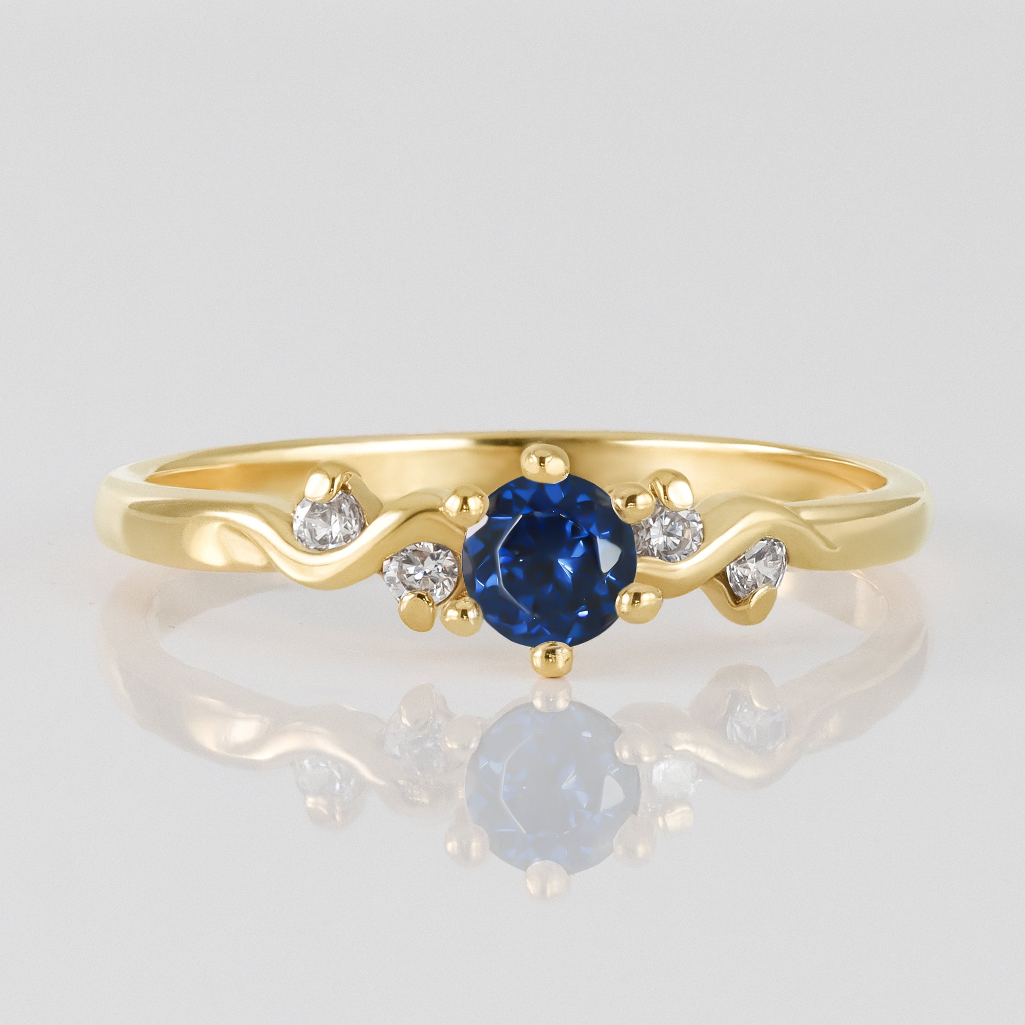 Blue Sapphire Ring - September Birthstone - Round Blue Sapphire Gemstone Delicate Ring with Clear Quartz Accents - H.L.Jewelry