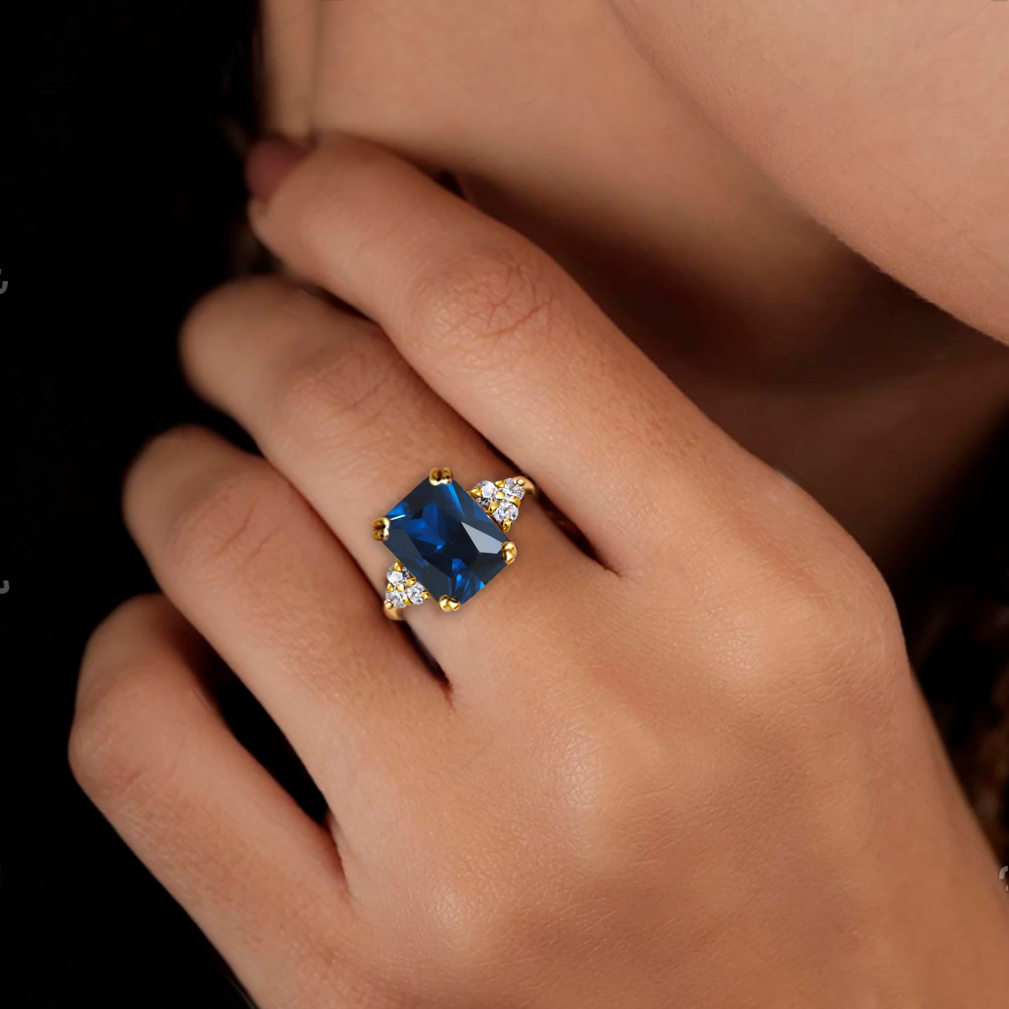 Blue Sapphire Ring - September Birthstone - Octagon Blue Sapphire Gemstone Statement Engagement Ring with Quartz Accents - H.L.Jewelry