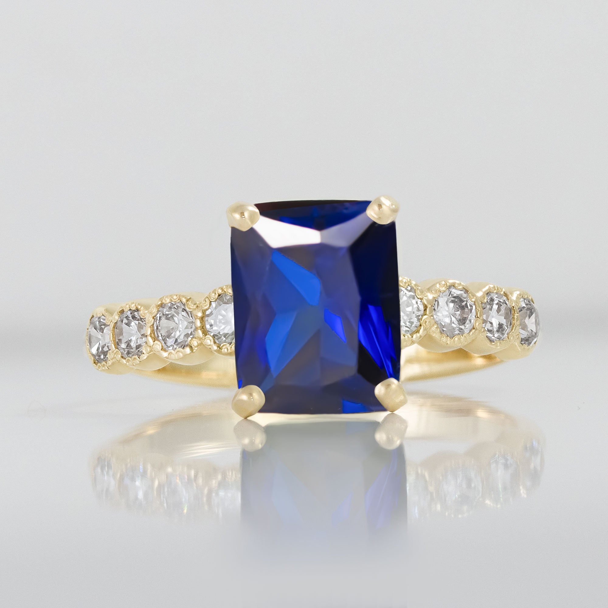 Blue Sapphire Ring - September Birthstone - Octagon Blue Sapphire Gemstone Statement Engagement Ring with Clear Quartz Accents - H.L.Jewelry