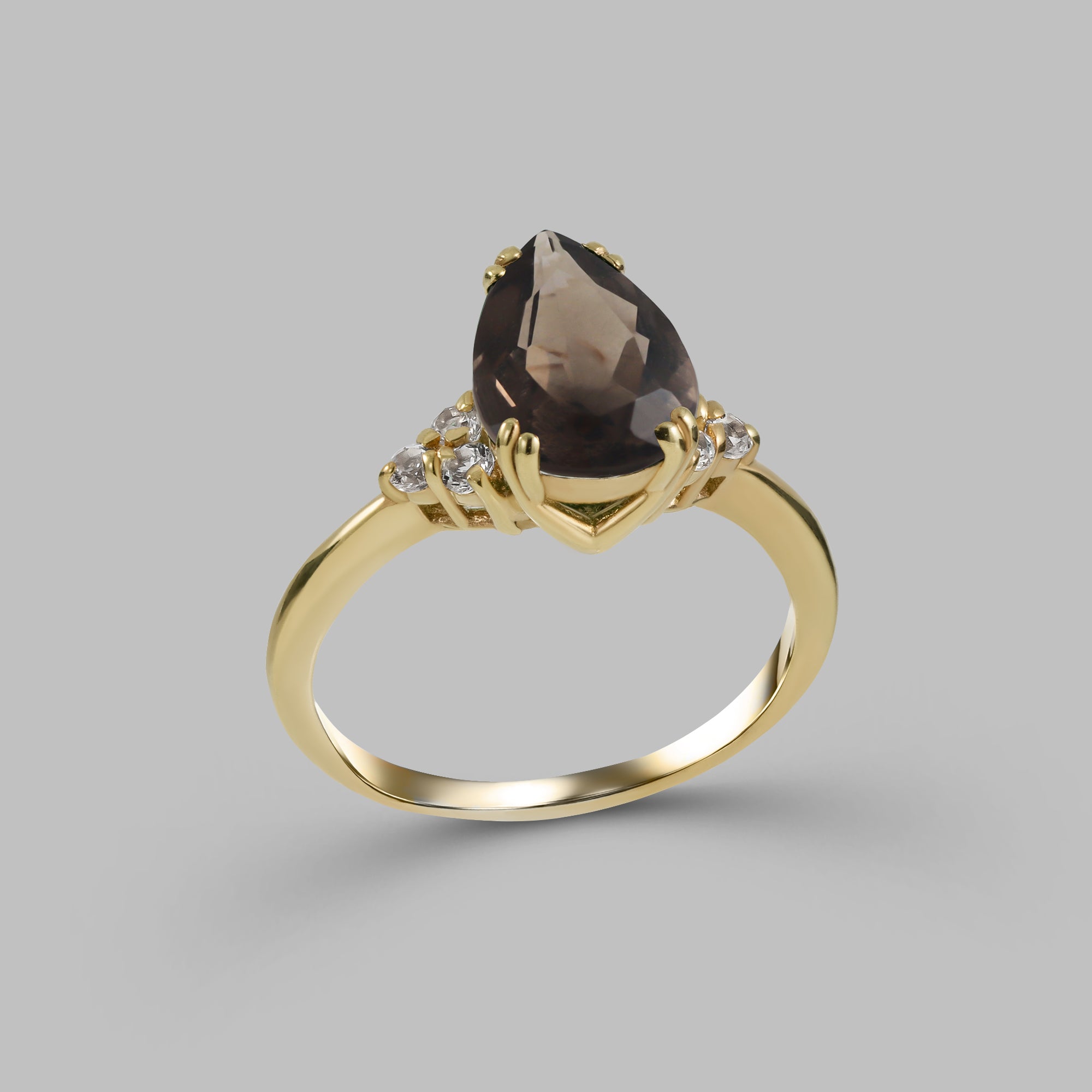 Smoky Quartz Ring - Pear-Shaped Smoky Quartz Gemstone Statement Engagement Ring with Clear Quartz Accents - H.L.Jewelry