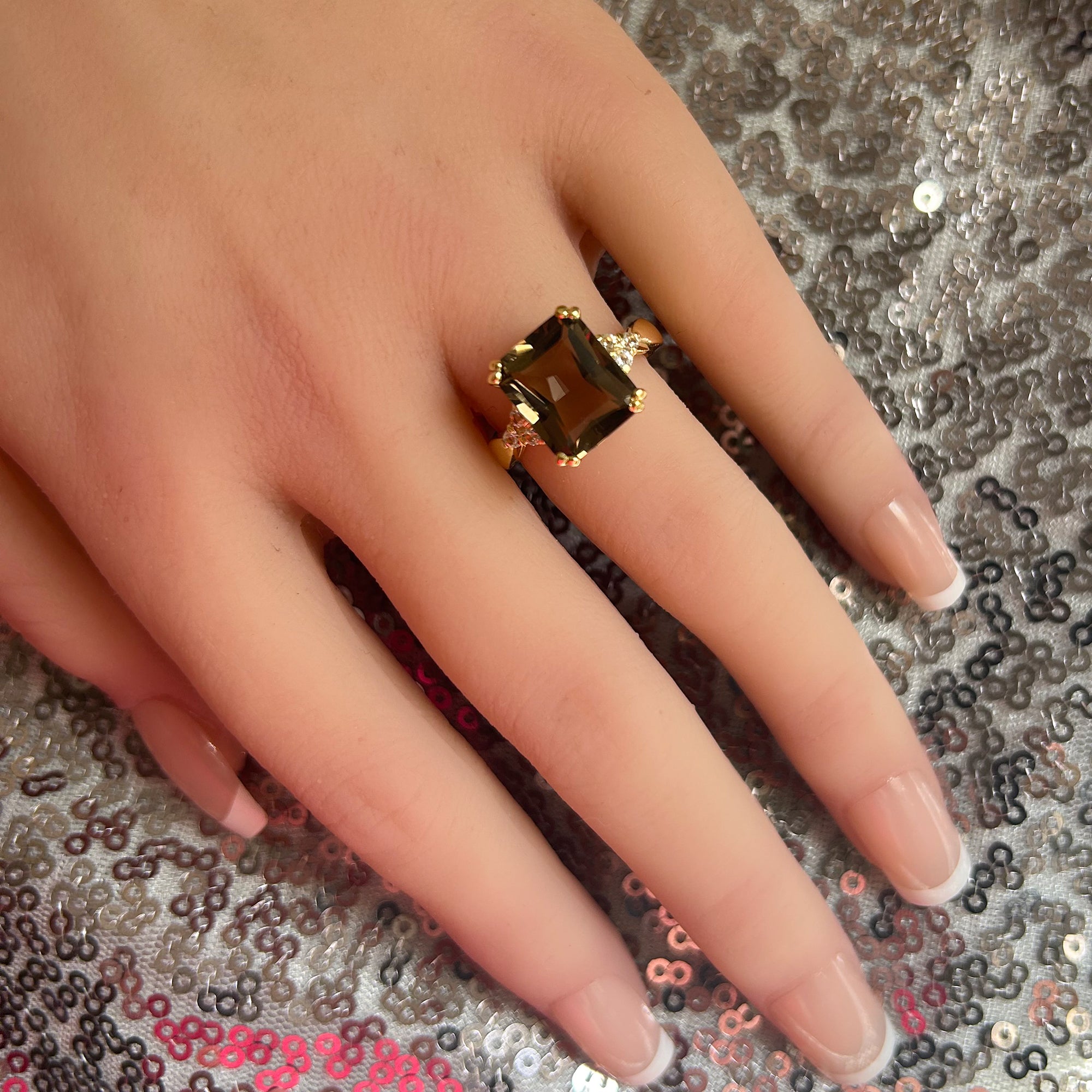 Smoky Quartz Ring - Statement Engagement Ring with Octagon Smoky Quartz Gemstone and Clear Quartz Accents - H.L.Jewelry