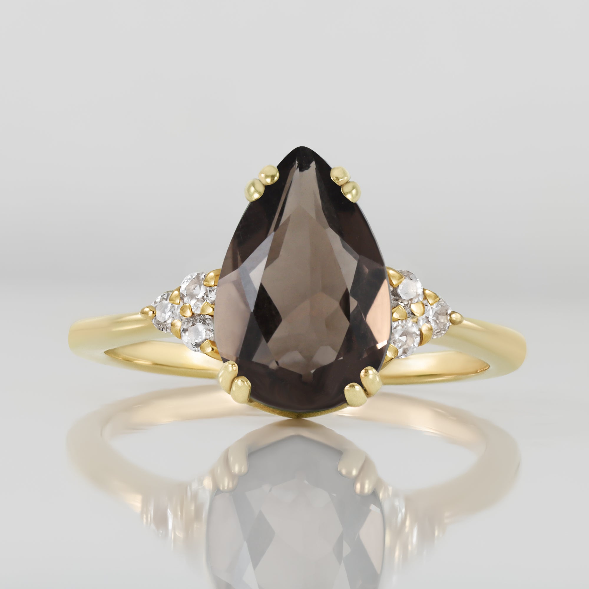 Smoky Quartz Ring - Pear-Shaped Smoky Quartz Gemstone Statement Engagement Ring with Clear Quartz Accents - H.L.Jewelry