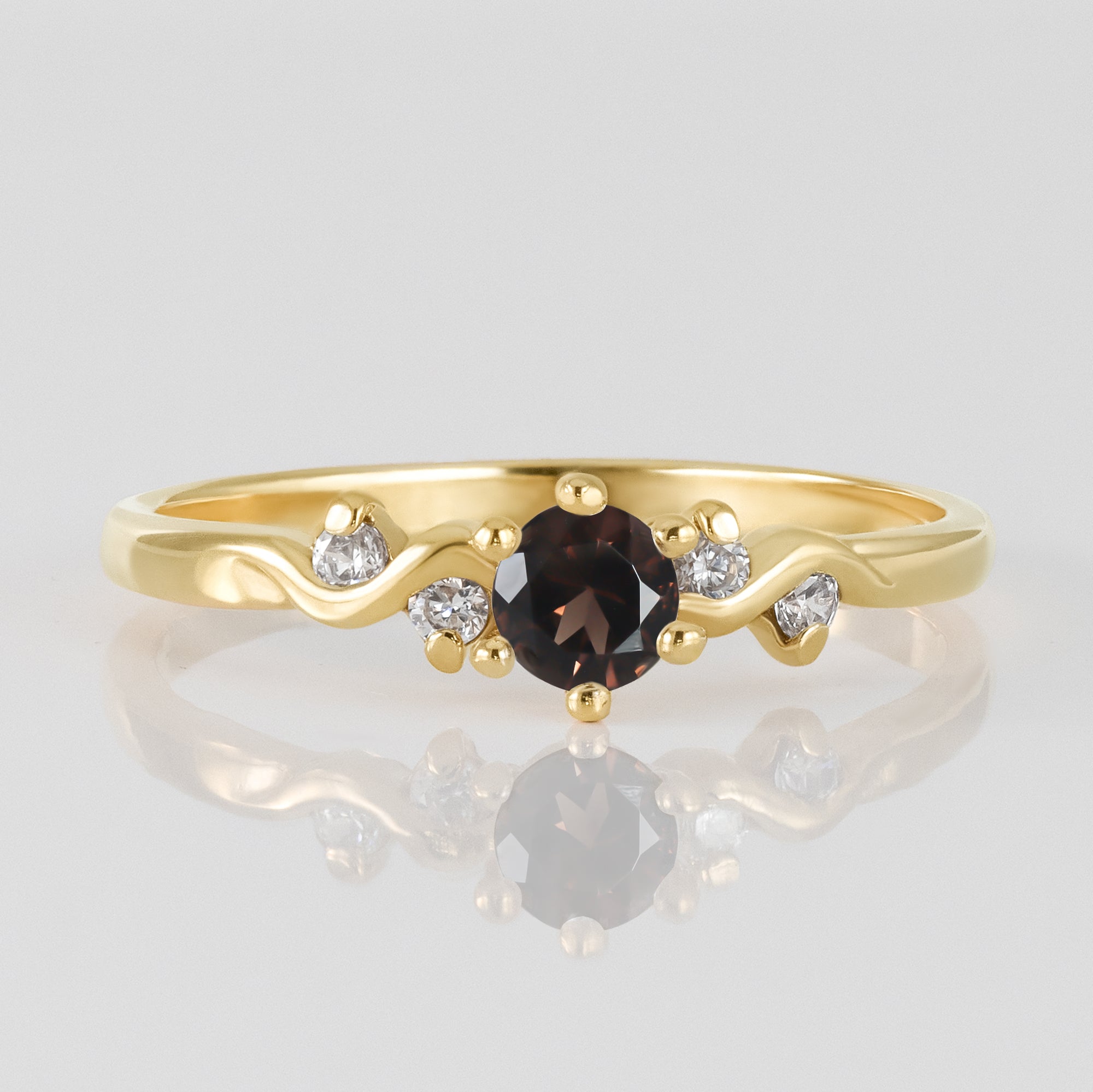 Smoky Quartz Ring - Round Smoky Quartz Gemstone Delicate Ring with Clear Quartz Accents - H.L.Jewelry