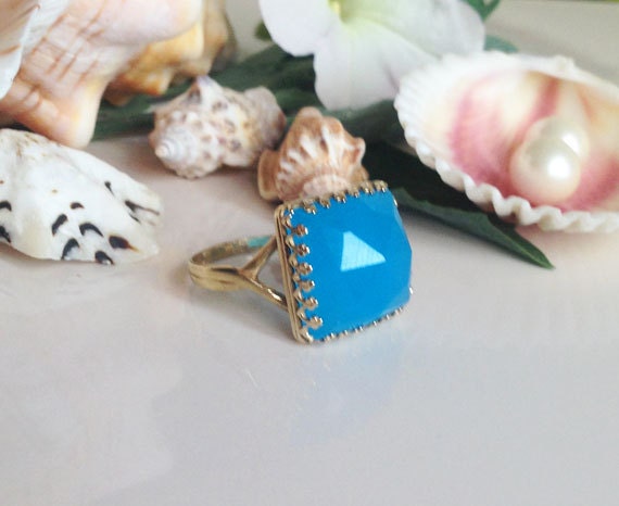 Square Crown Rose Cut Blue Chalcedony Large Statement Ring - H.L.Jewelry