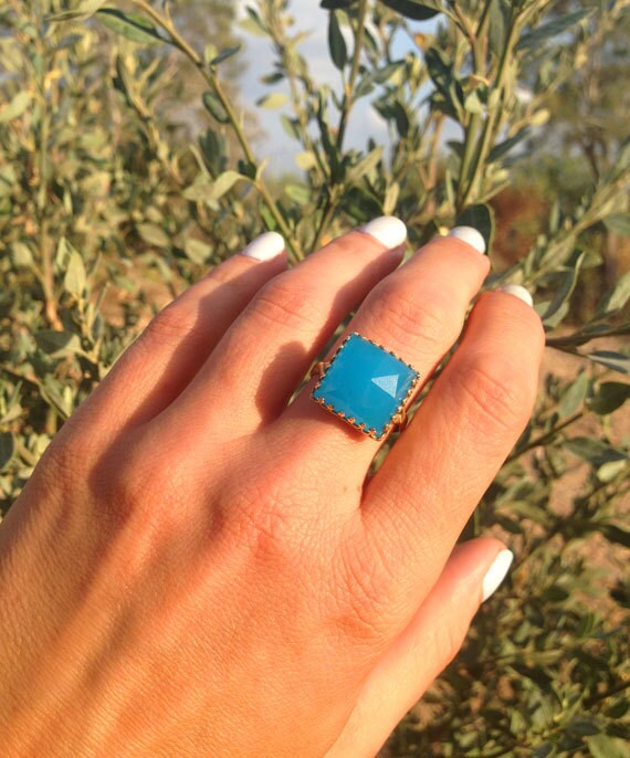 Square Crown Rose Cut Blue Chalcedony Large Statement Ring - H.L.Jewelry