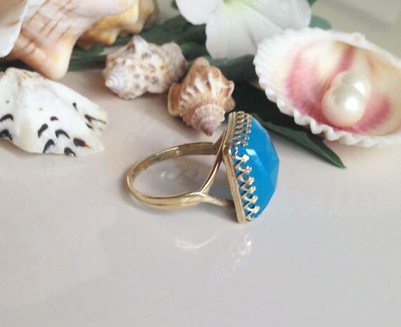 Square Crown Rose Cut Blue Chalcedony Large Statement Ring - H.L.Jewelry