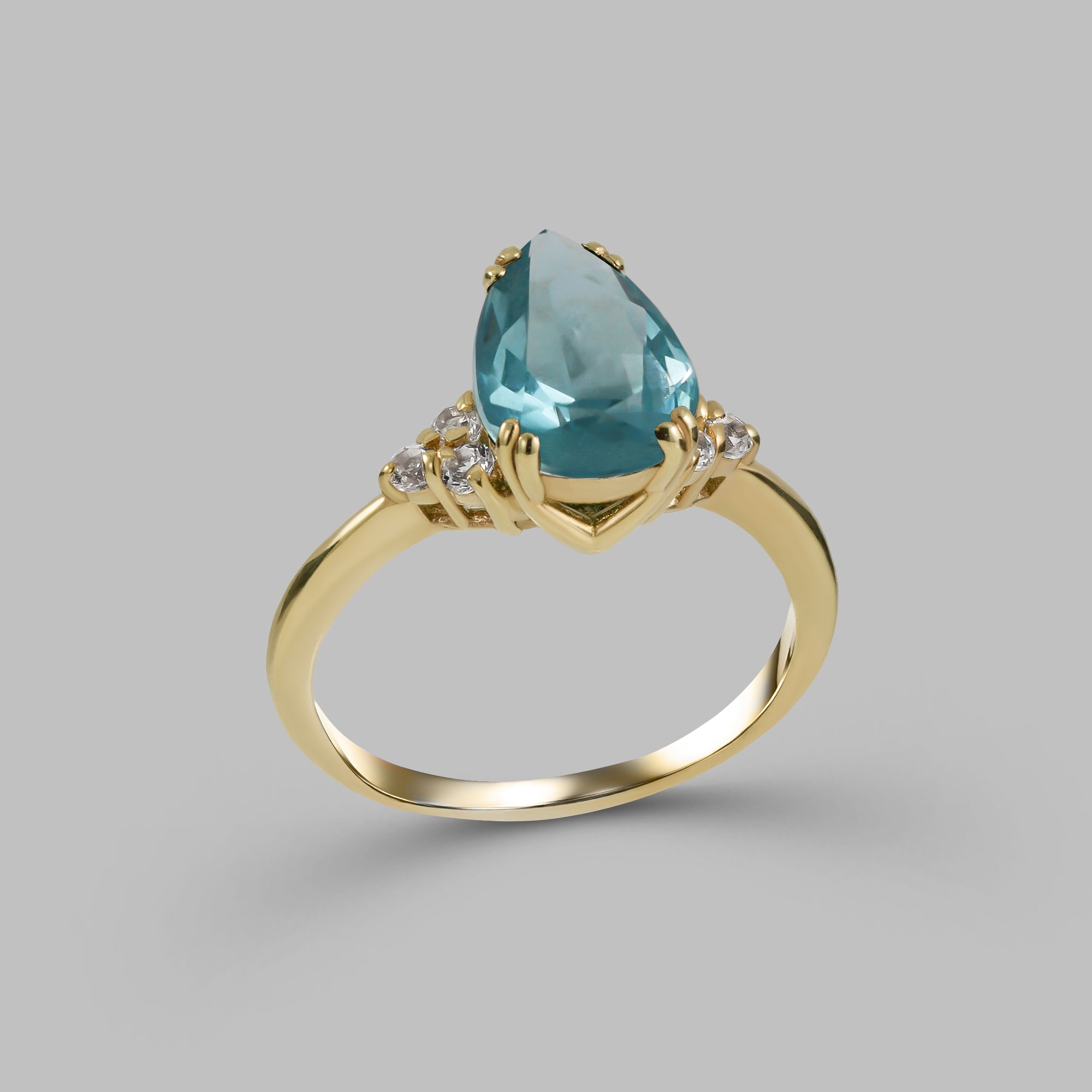 Blue Topaz Ring - December Birthstone - Pear-Shaped Blue Topaz Gemstone Statement Engagement Ring with Clear Quartz Accents - H.L.Jewelry