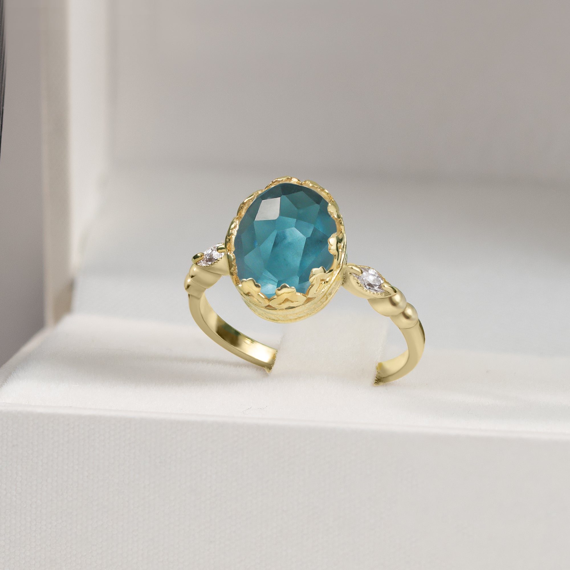 Blue Topaz Ring - December Birthstone - Oval Blue Topaz Statement Vintage Oval Crown Ring with Clear Quartz Accents - H.L.Jewelry