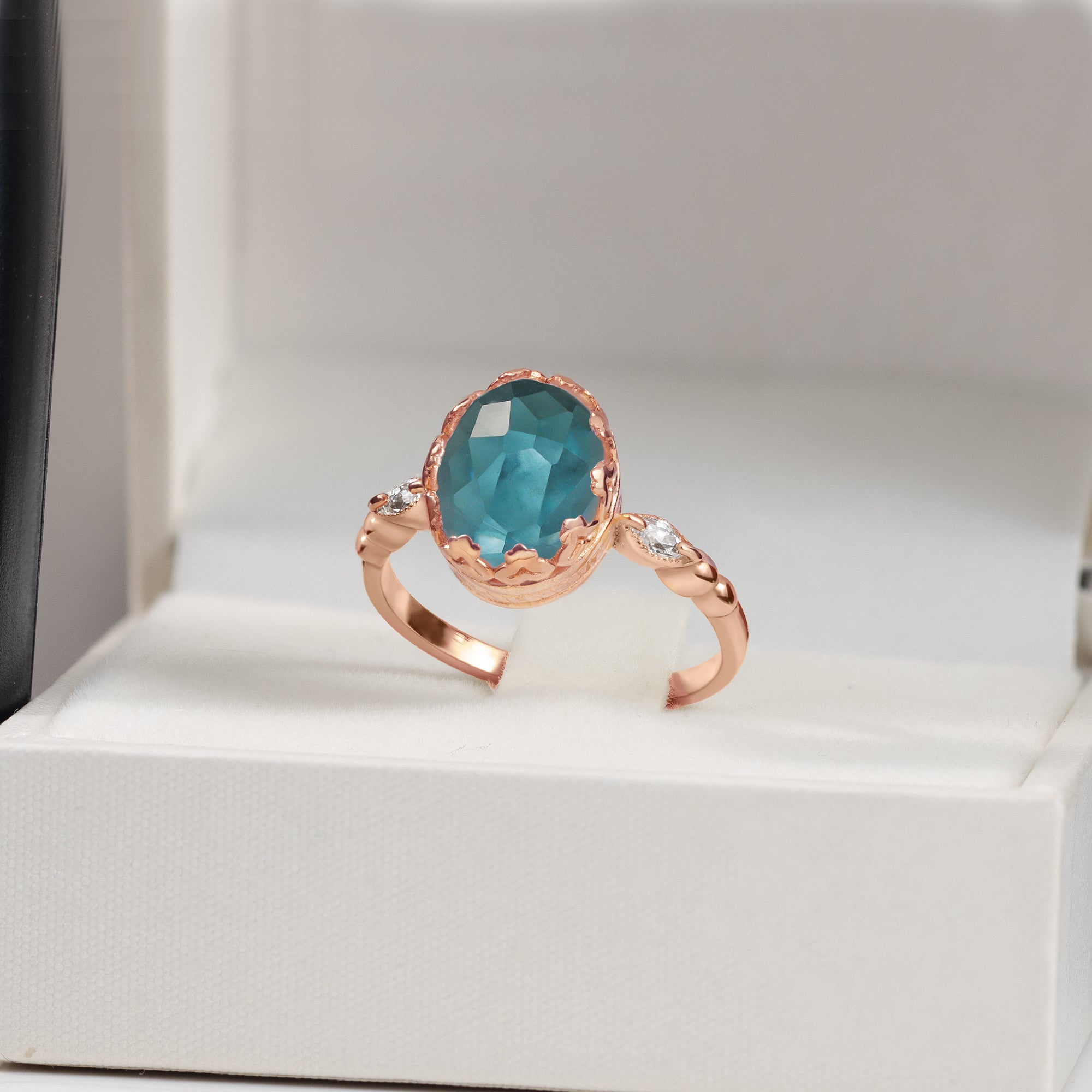 Blue Topaz Ring - December Birthstone - Oval Blue Topaz Statement Vintage Oval Crown Ring with Clear Quartz Accents - H.L.Jewelry