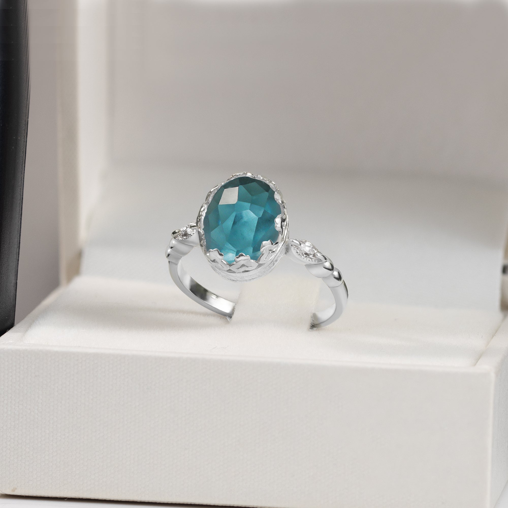 Blue Topaz Ring - December Birthstone - Oval Blue Topaz Statement Vintage Oval Crown Ring with Clear Quartz Accents - H.L.Jewelry