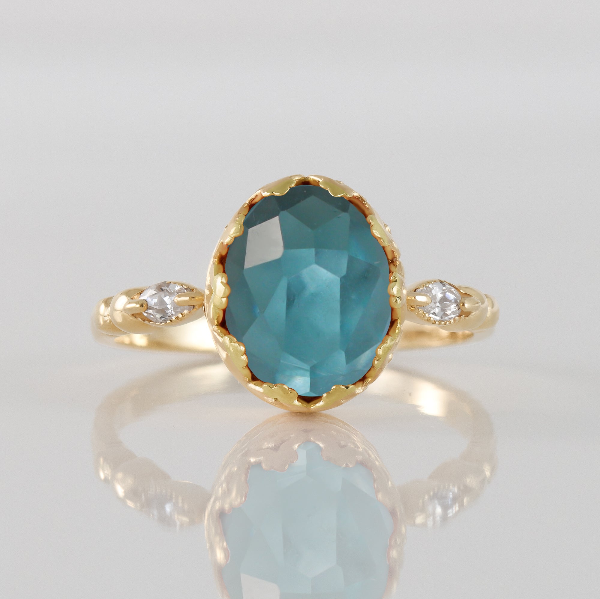 Blue Topaz Ring - December Birthstone - Oval Blue Topaz Statement Vintage Oval Crown Ring with Clear Quartz Accents - H.L.Jewelry