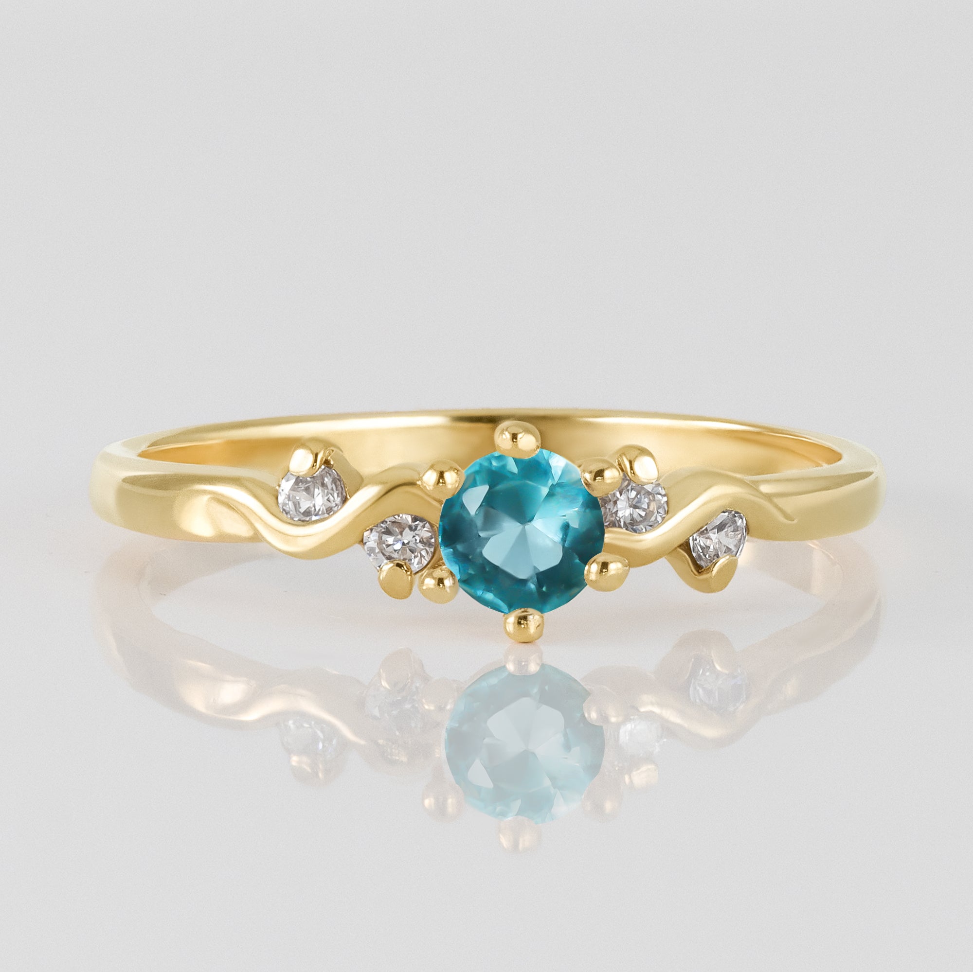 Blue Topaz Ring - December Birthstone - Round Blue Topaz Gemstone Delicate Ring with Clear Quartz Accents - H.L.Jewelry