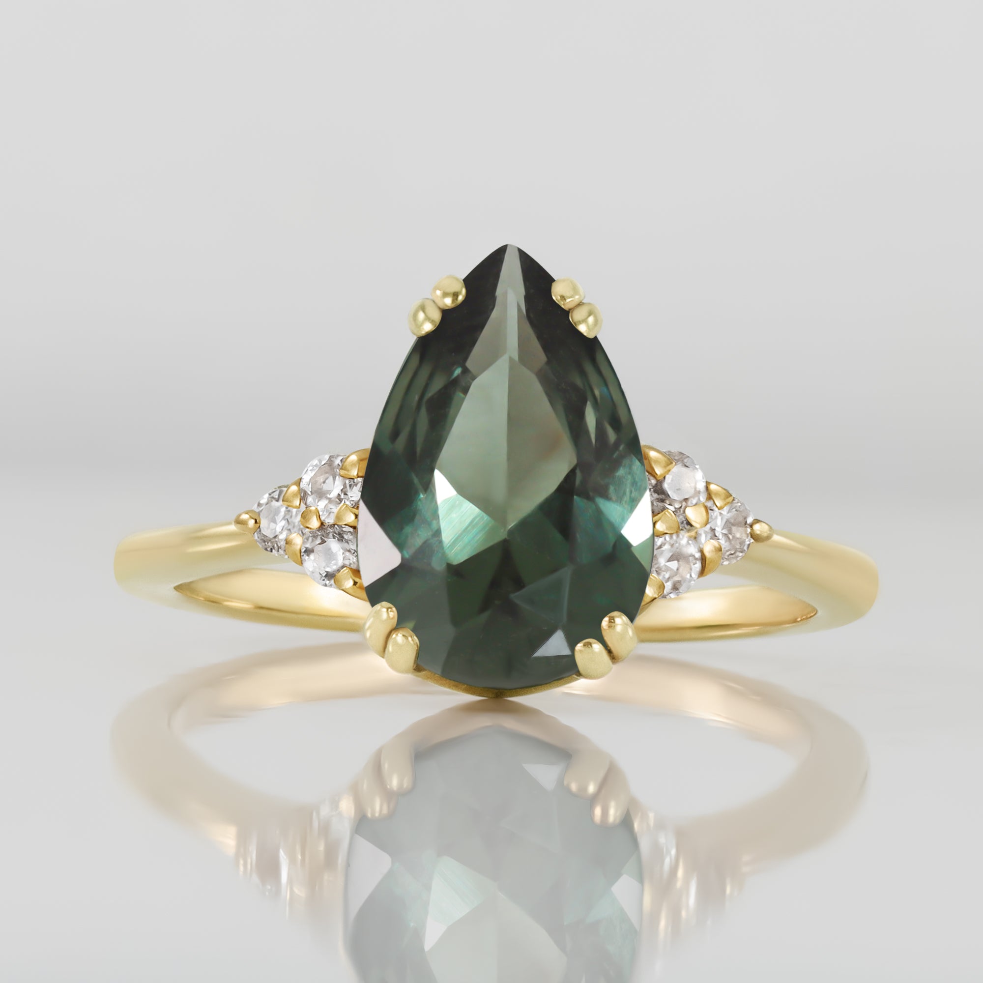 Green Tourmaline Ring - Pear-Shaped Green Tourmaline Gemstone Statement Engagement Ring with Clear Quartz Accents - H.L.Jewelry