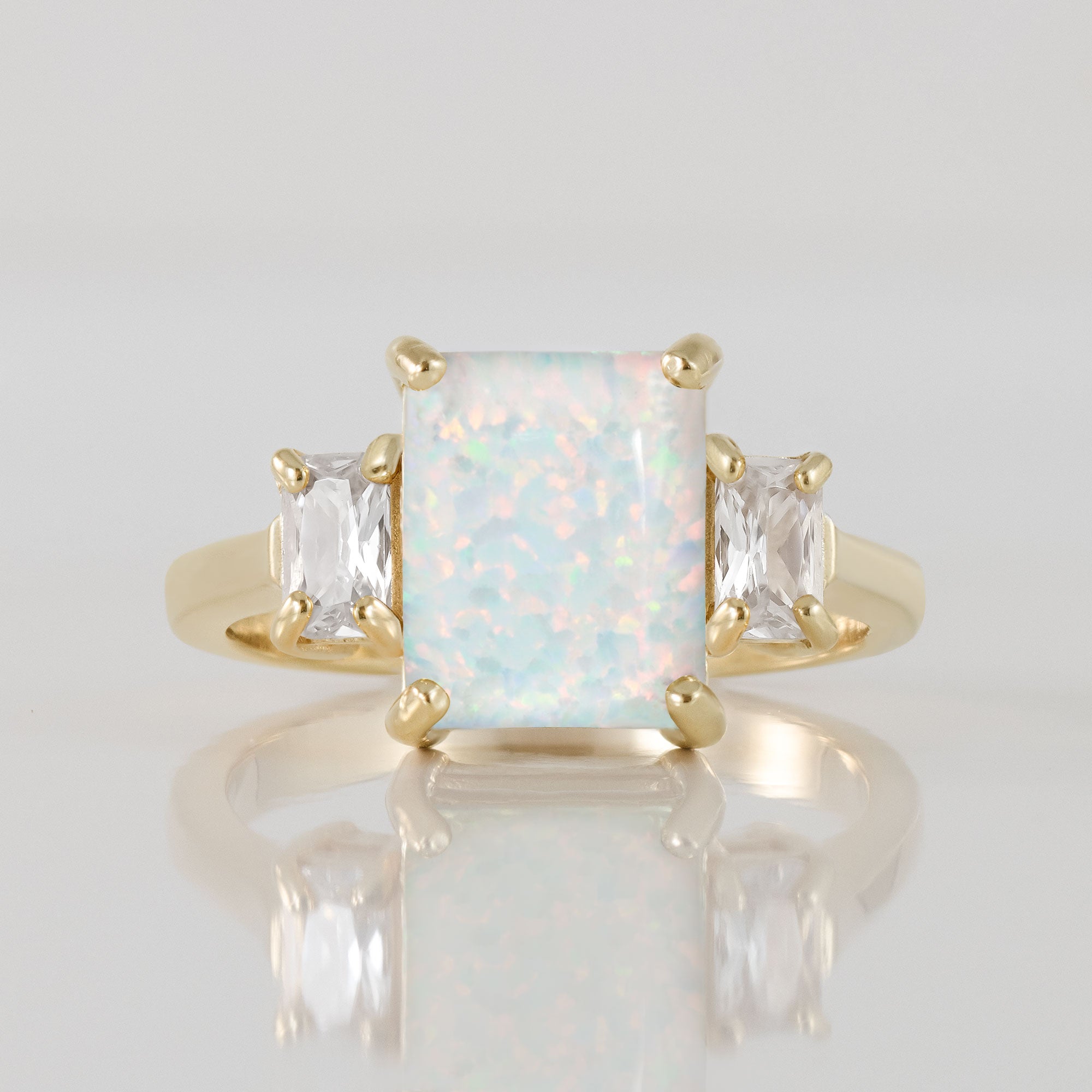 White Opal Ring - Statement Engagement Ring with Octagon White Opal Gemstone and Clear Quartz Accents - H.L.Jewelry