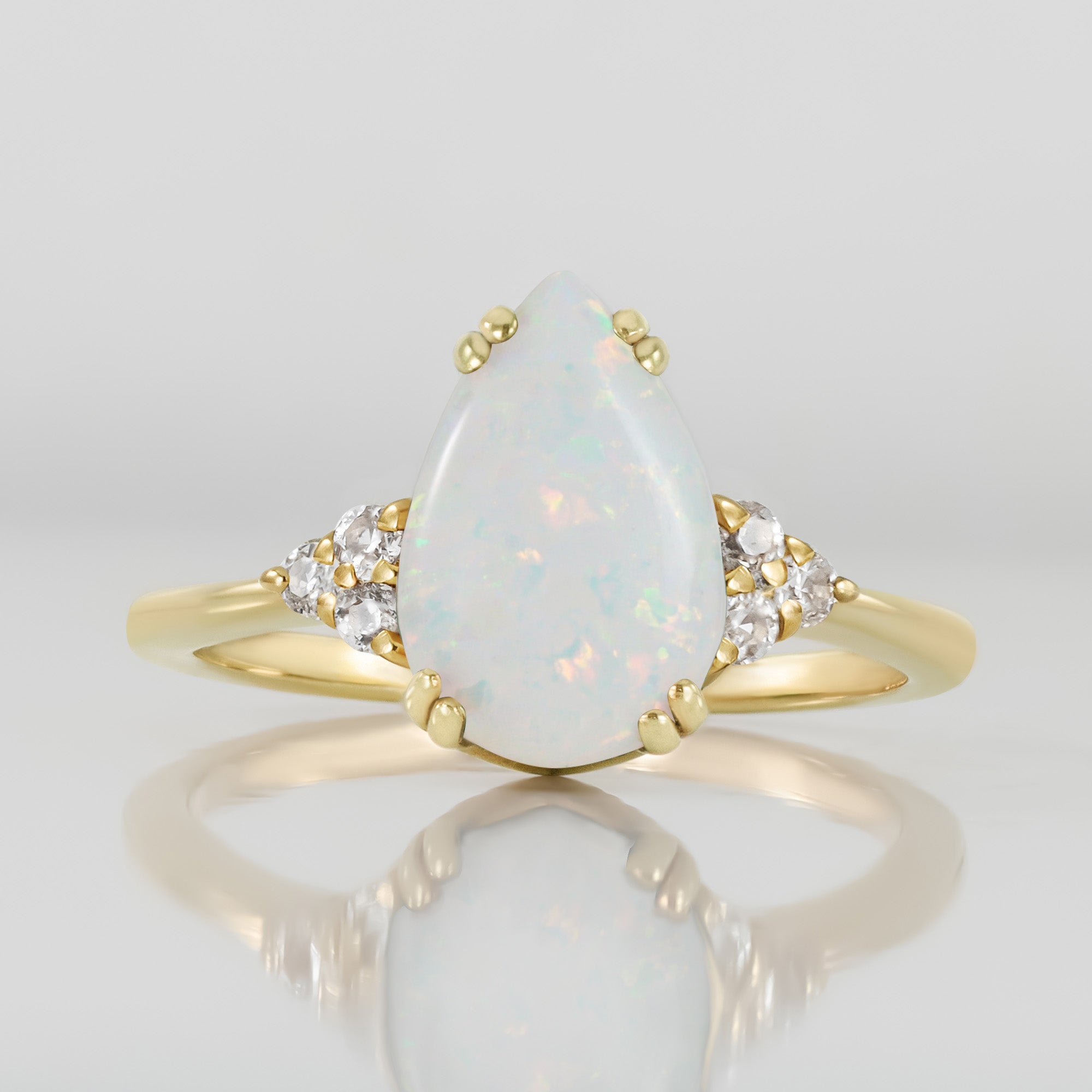 White Opal Ring - Pear-Shaped White Opal Gemstone Statement Engagement Ring with Clear Quartz Accents - H.L.Jewelry