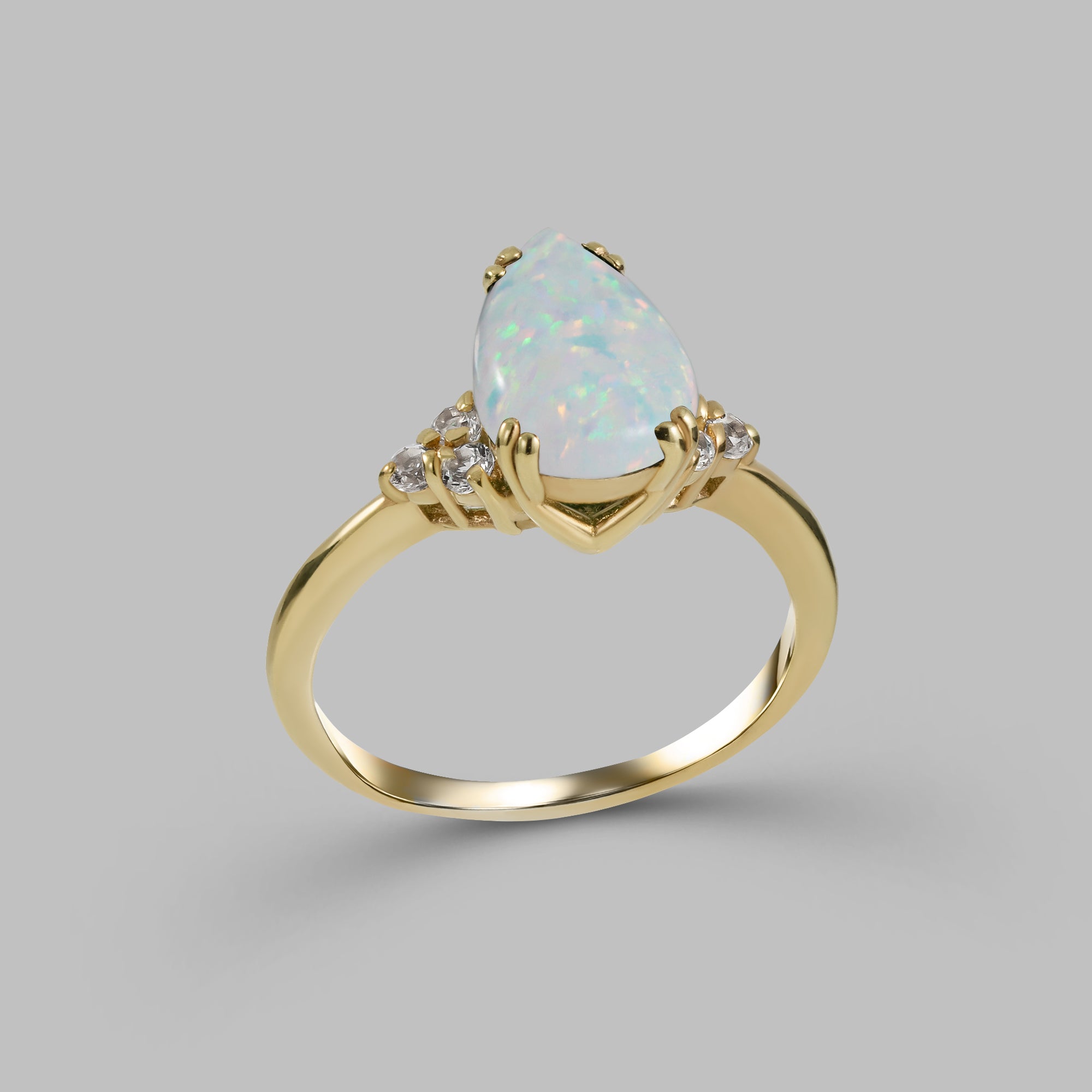 White Opal Ring - Pear-Shaped White Opal Gemstone Statement Engagement Ring with Clear Quartz Accents - H.L.Jewelry