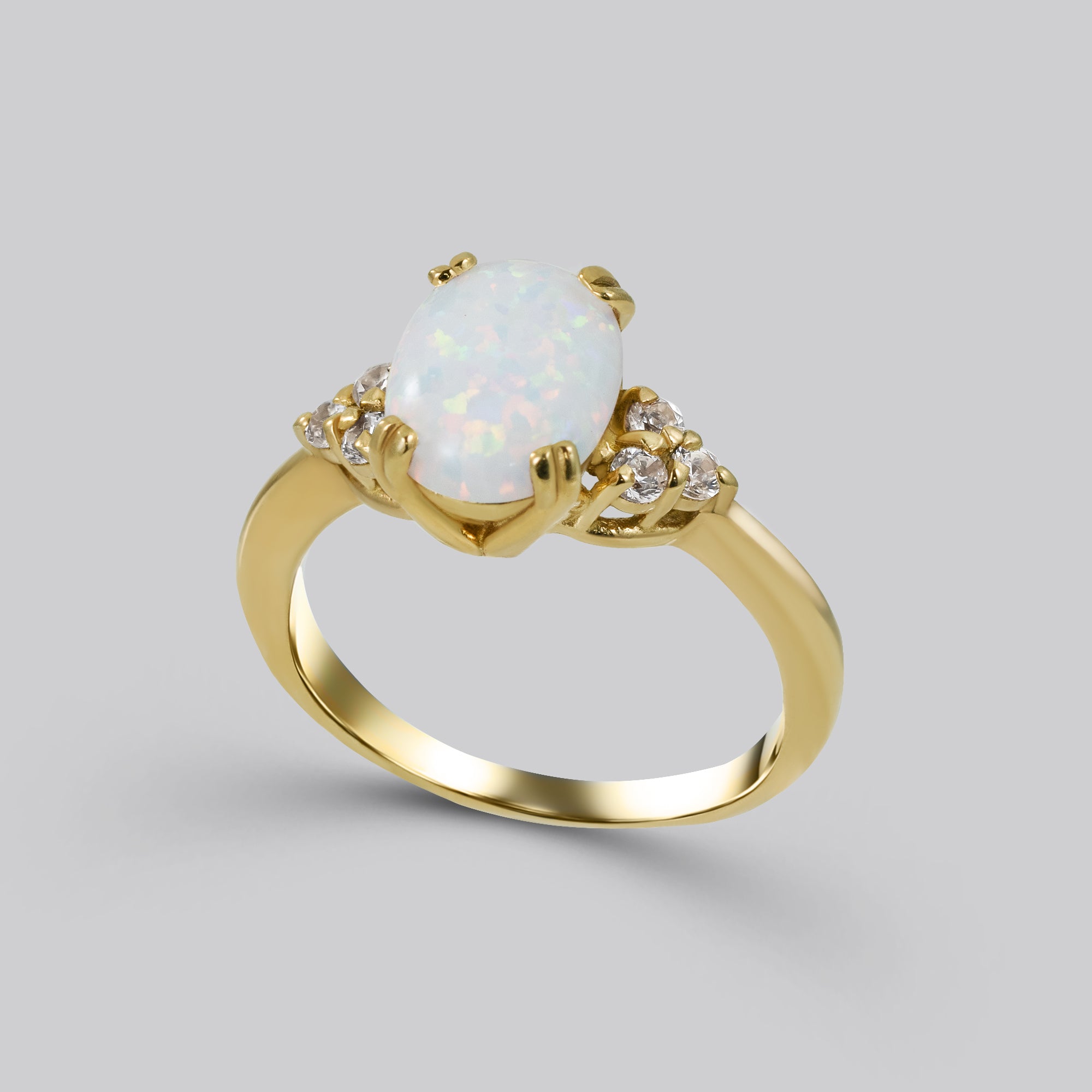 White Opal Ring - Oval White Opal Gemstone Statement Engagement Ring with Clear Quartz Accents - H.L.Jewelry