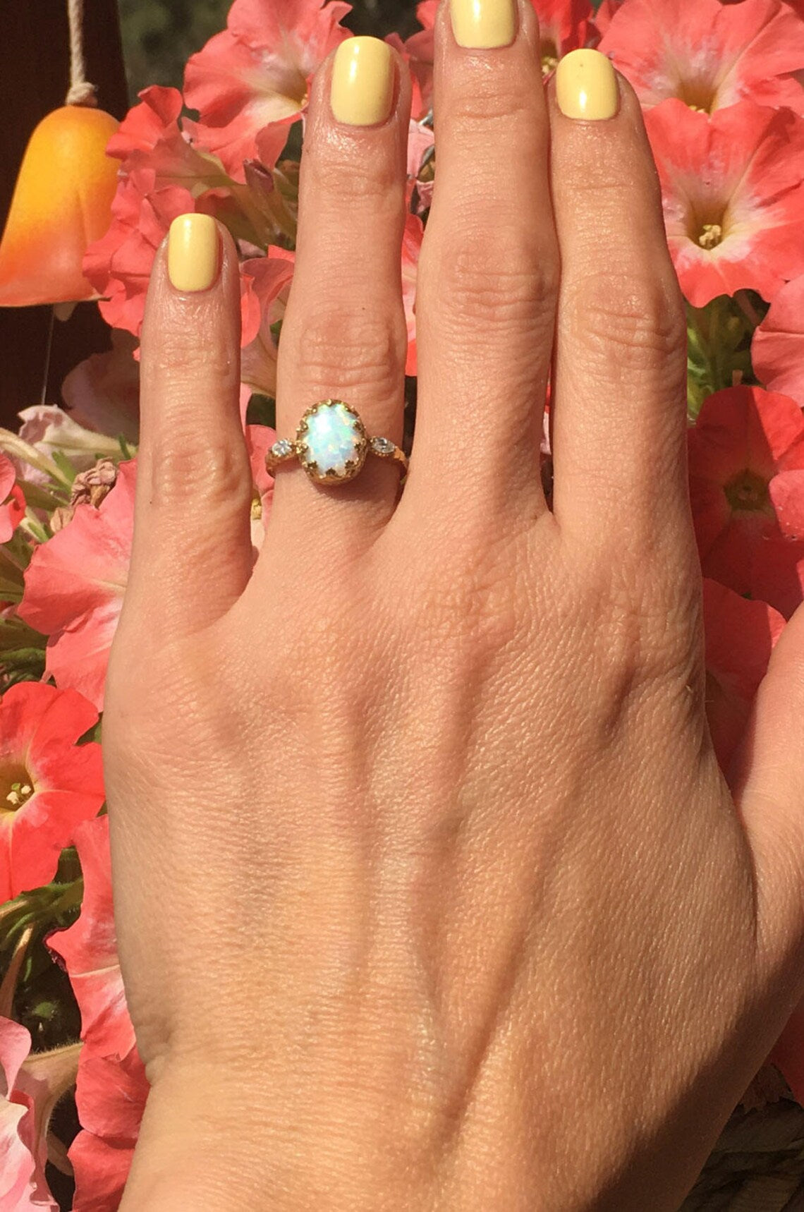 White Opal Vintage Oval Crown Ring with Clear Quartz Accents - H.L.Jewelry