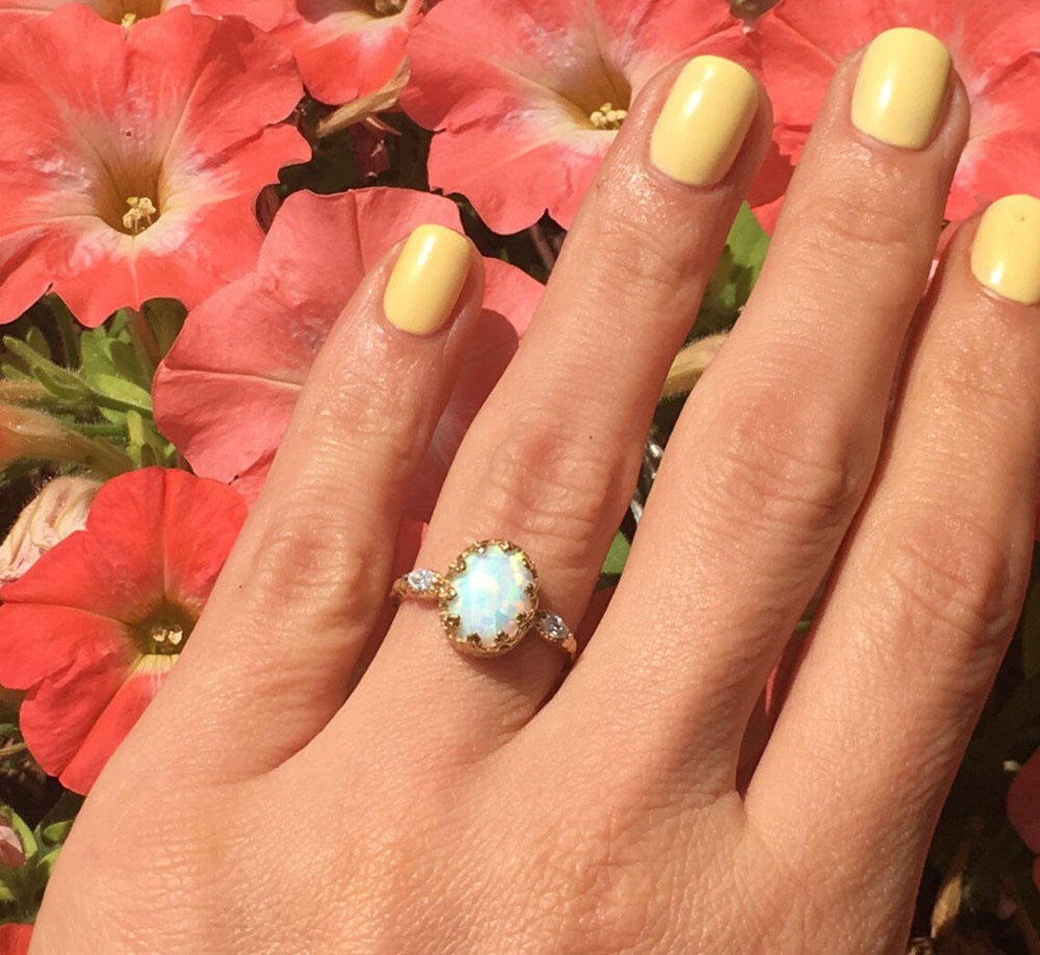 White Opal Vintage Oval Crown Ring with Clear Quartz Accents - H.L.Jewelry