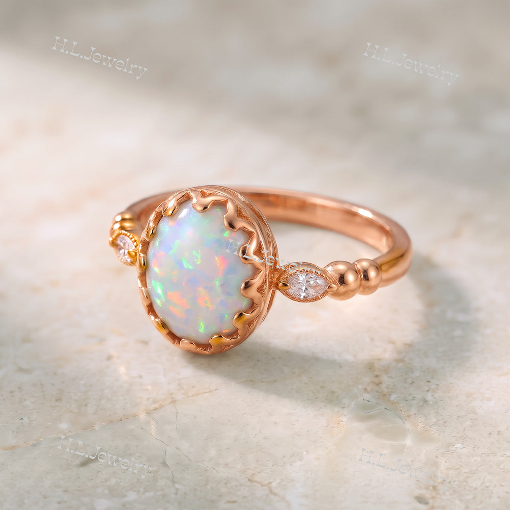 White Opal Vintage Oval Crown Ring with Clear Quartz Accents - H.L.Jewelry