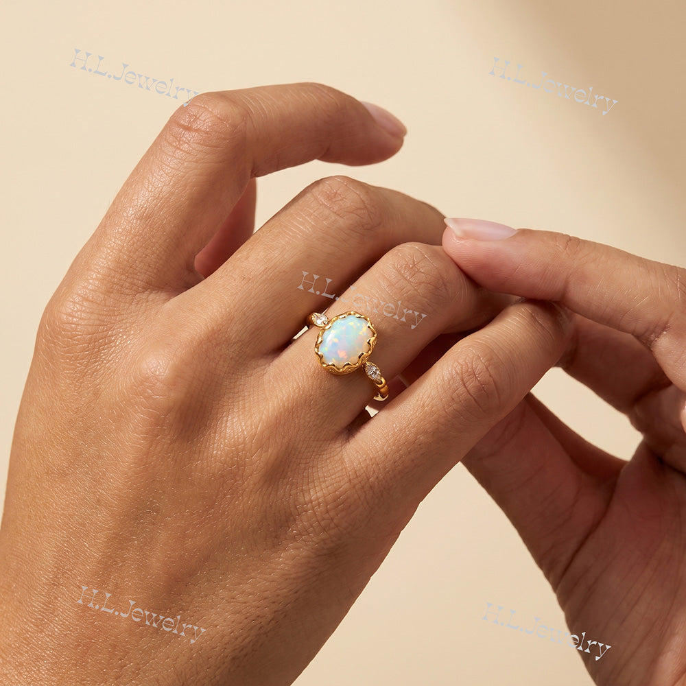 White Opal Vintage Oval Crown Ring with Clear Quartz Accents - H.L.Jewelry